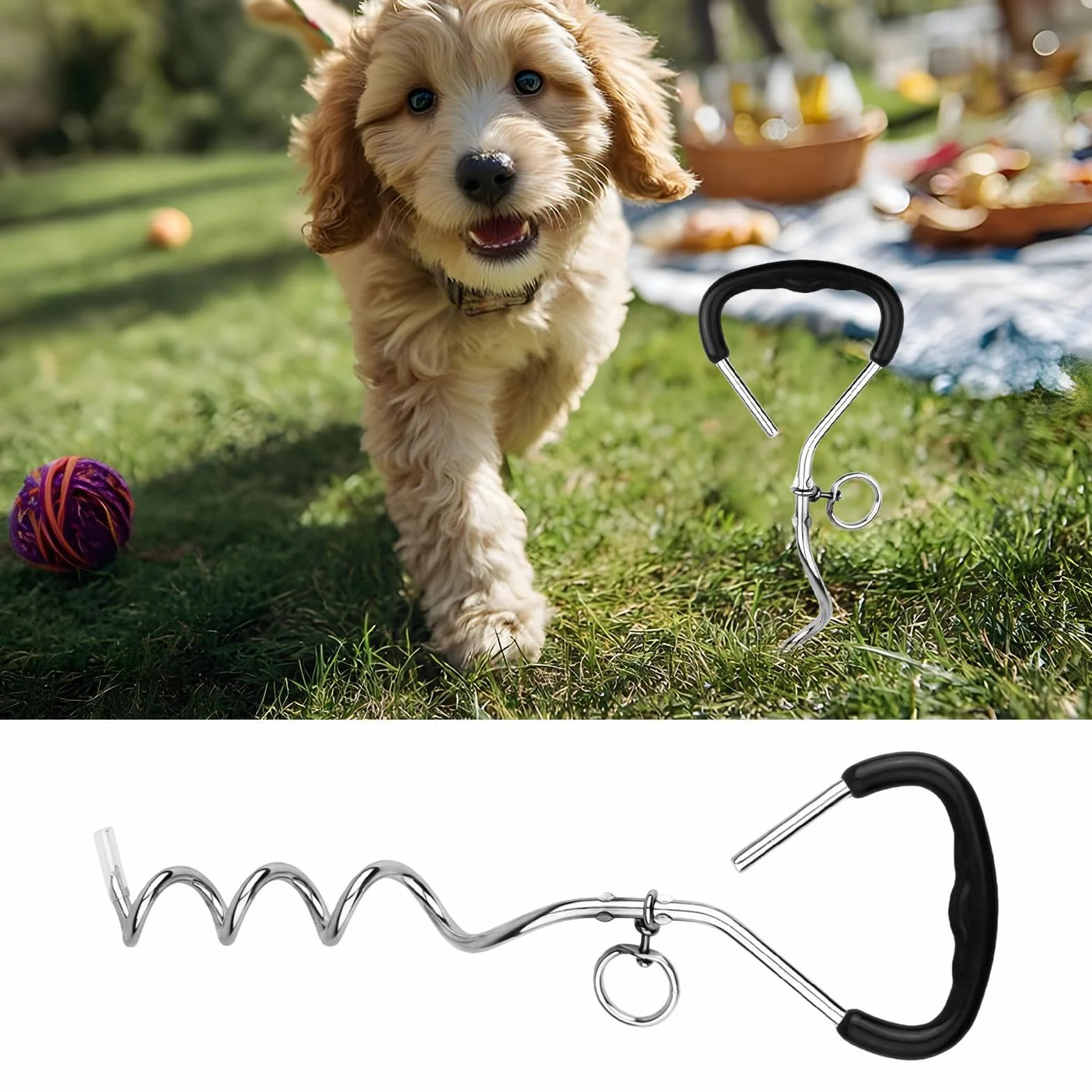 Picchetti per cani per terra, picchetti per legare cani, picchetti per legare i cani, resistenti e a prova di torsione, da attaccare al cavo e per campeggio, sfondo, cortile, spiaggia