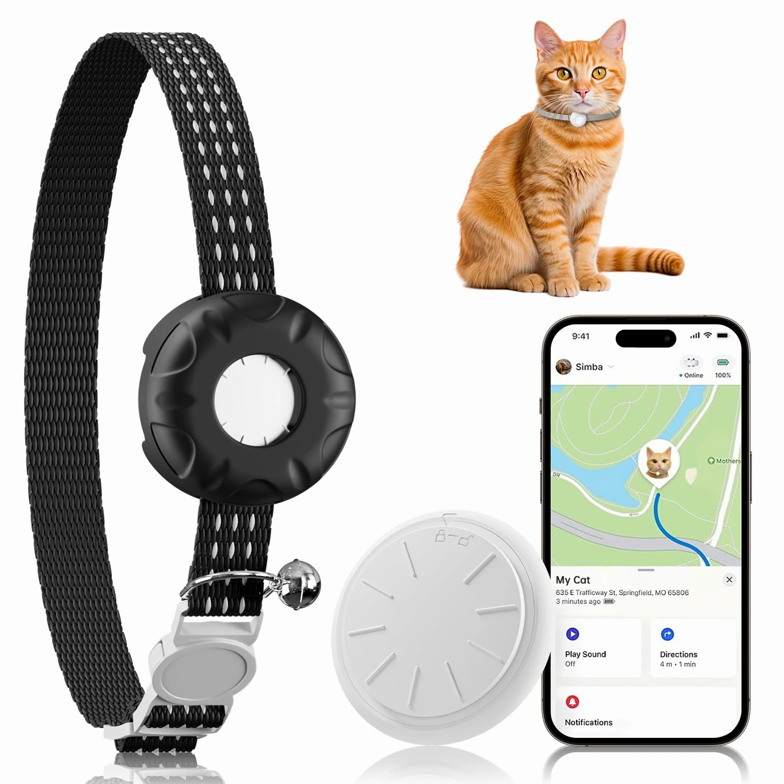 Localizzatore per gatti, senza canone mensile, impermeabile, compatibile con app Apple Find My (solo iOS), nero