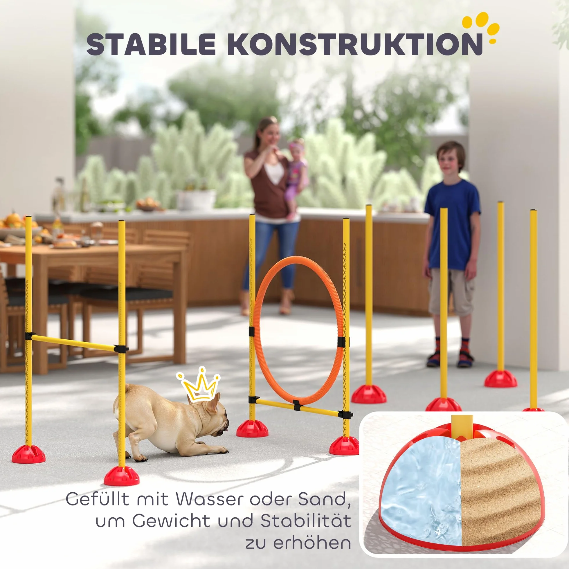 PawHut Set Agility Cani 4 pezzi riempibili per l'addestramento dei cani Set di ostacoli con pali per slalom, ostacoli regolabili in altezza, anello per il salto e la coordinazione per l'addestramento
