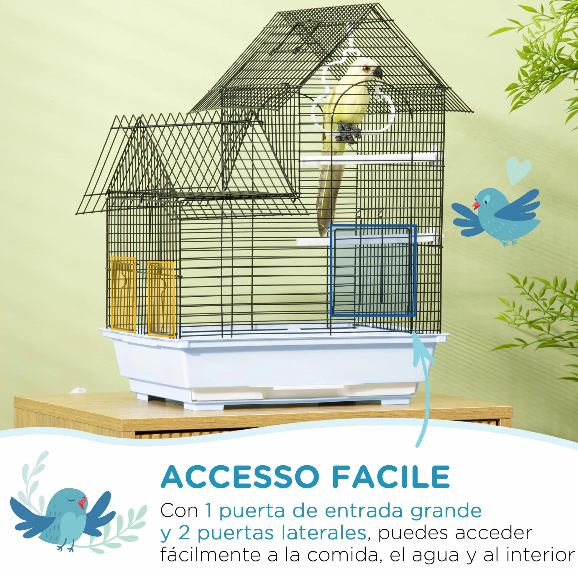 PawHut Gabbia per Uccelli con Vassoio Estraibile, Voliera Per Uccelli in Metallo e Plastica con Pioli e Altalena, 39x33x47cm, Bianco