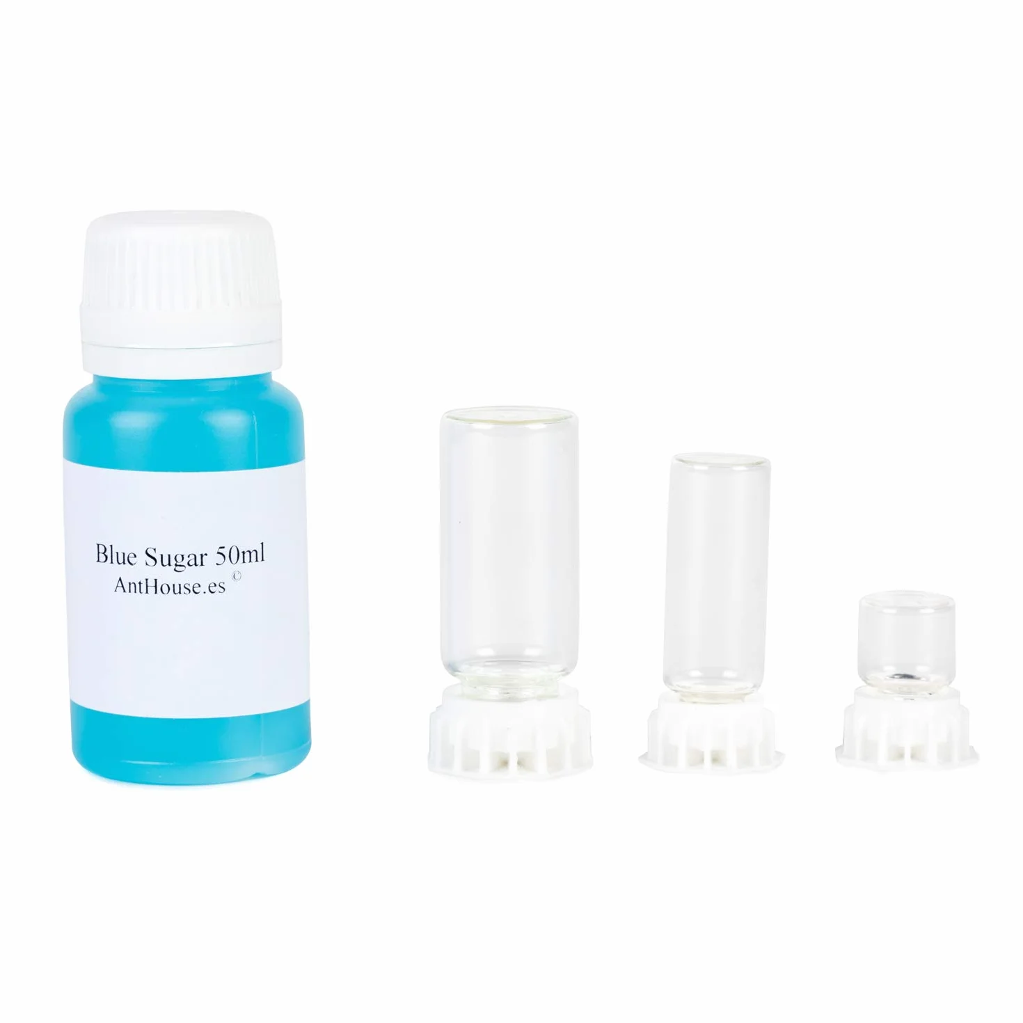 AntHouse Pack Abbeveratoio per Formiche + Super Alimento Blue Sugar - Set di 3 Abbeveratoi 3D da 1 ml, 5 ml e 10 ml. Compatibili con Tutti i Terrari e Formicai Contiene Nutriente a Base di Zucchero