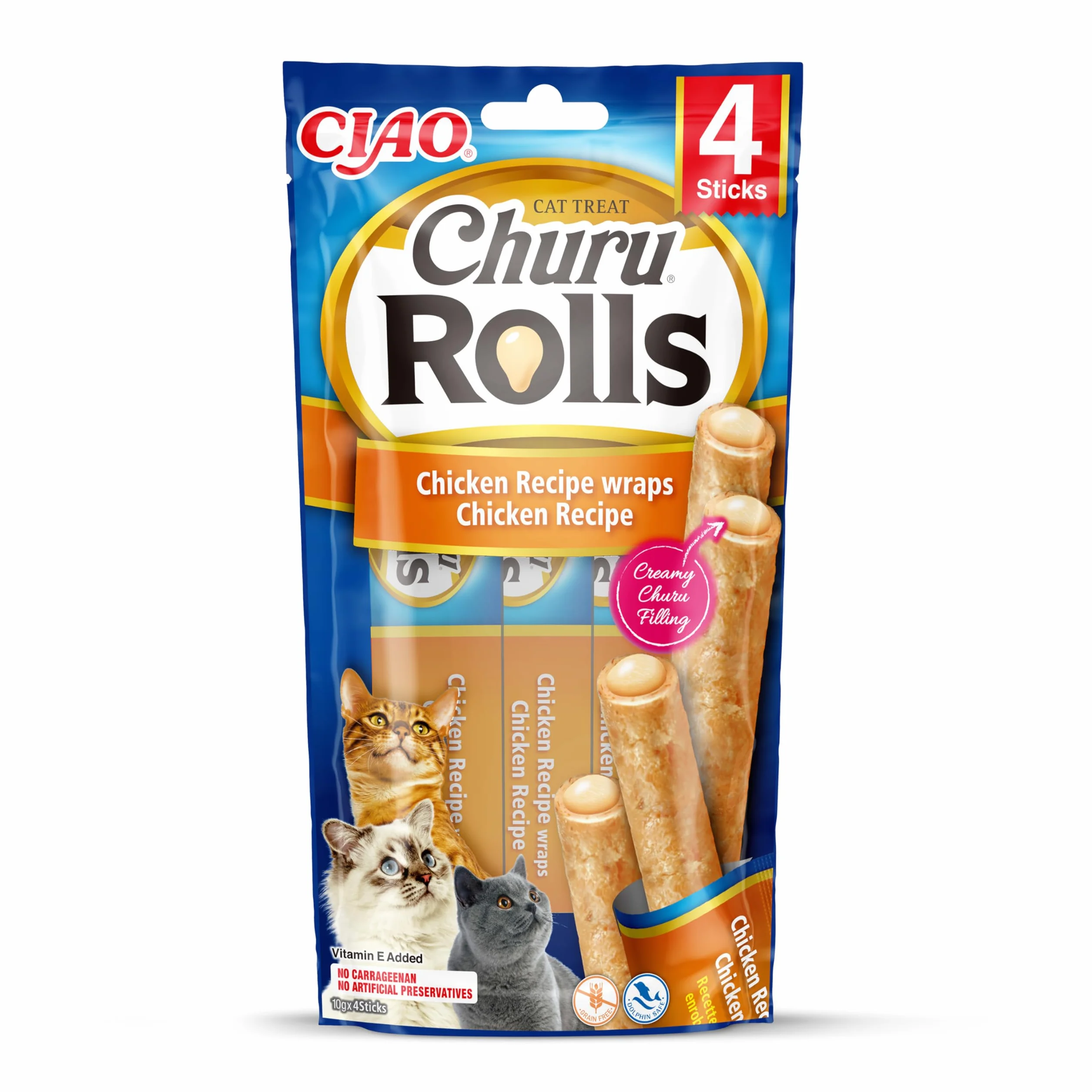 INABA Churu Rolls Bastoncini di Pollo con Cuore di Pollo 1 Pack (4x10gr) Snack Morbido per Gatti Senza Conservanti Grain-Free