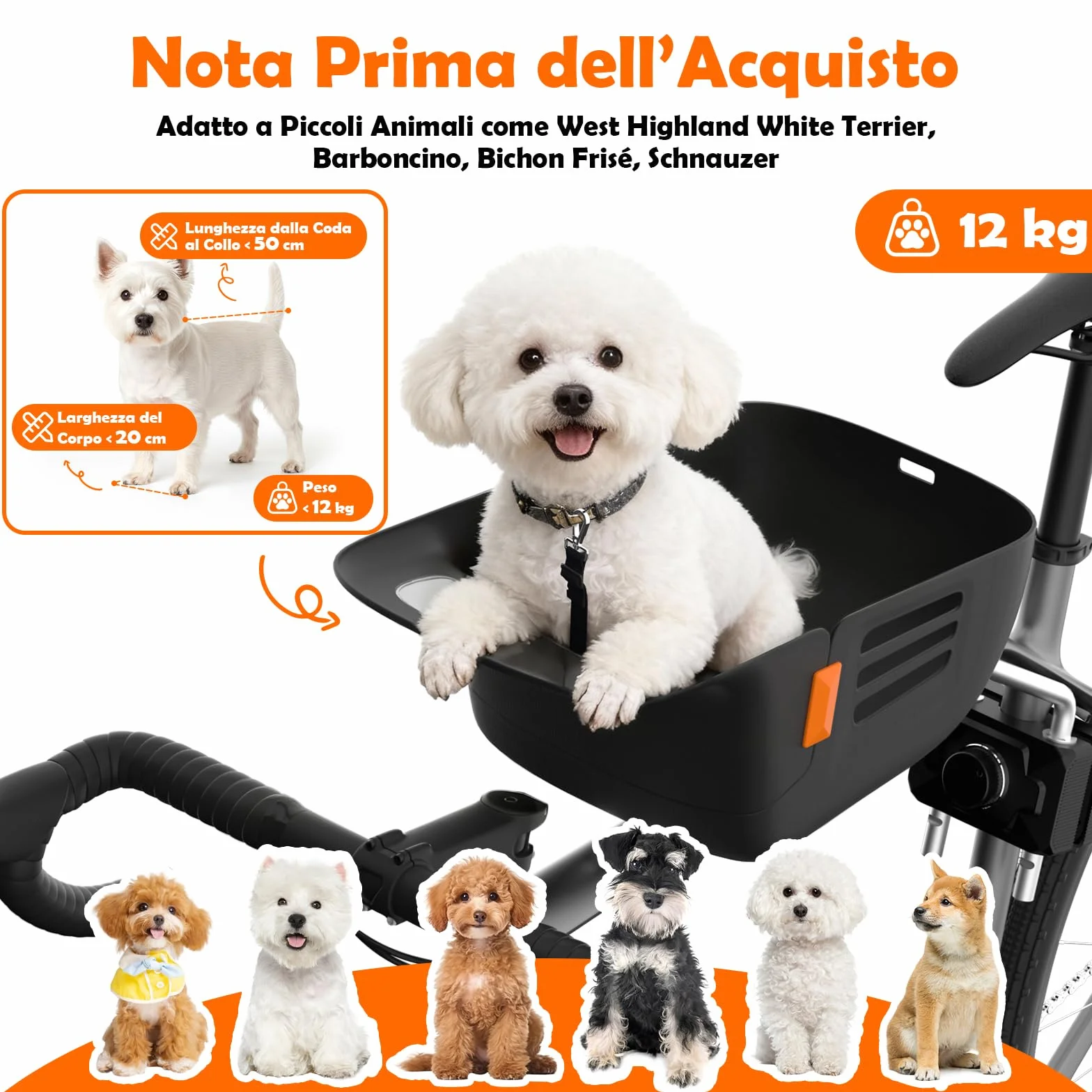 Cestino per Cani per Bicicletta Anteriore fino a 12KG, Cestino per Cani per Bicicletta con Piatto di Fondo Robusto e Sicuro, Sedile in Nylon Resistente all'Acqua e Antigraffio e Chiusura in