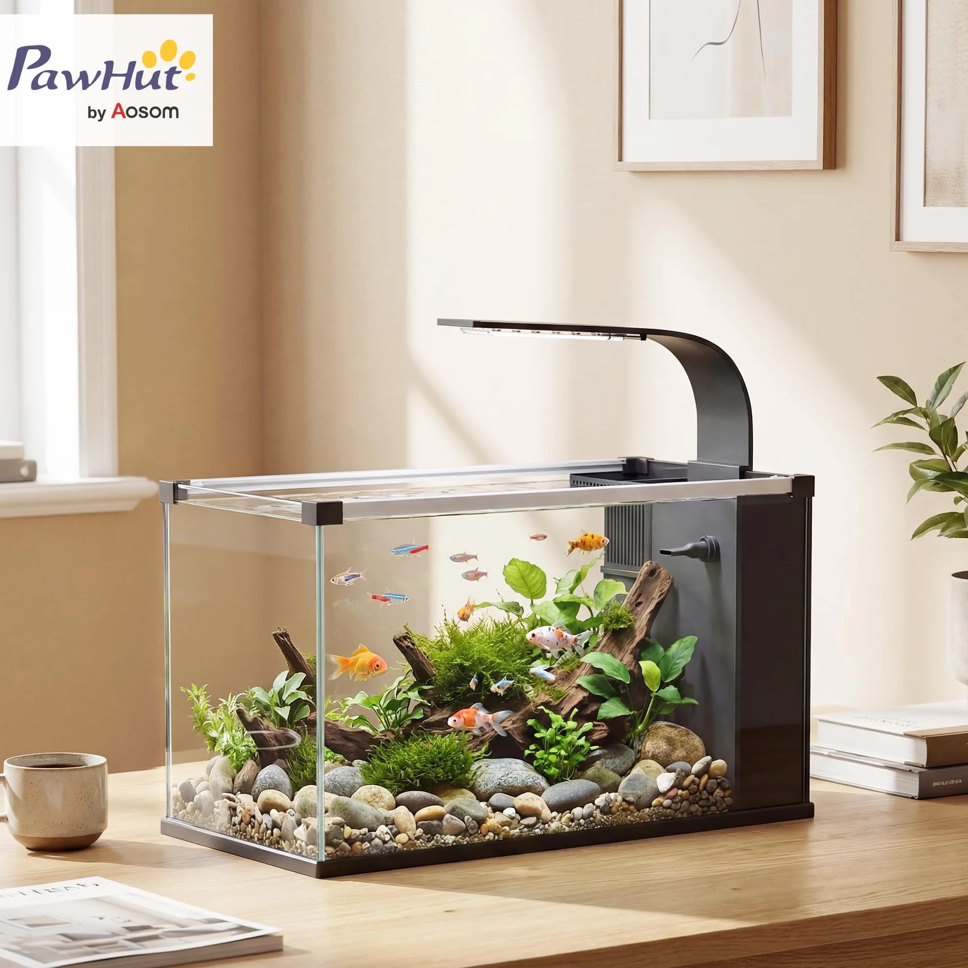 PawHut Acquario in Vetro Temperato 24L, Acquario Completo Piccolo Trasparente con Filtro Integrato, Luce LED e Pompa dell'Acqua per Pesci Tropicali, Pesci Rossi, Casa, Ufficio, 45x25x25.5 cm, Nero