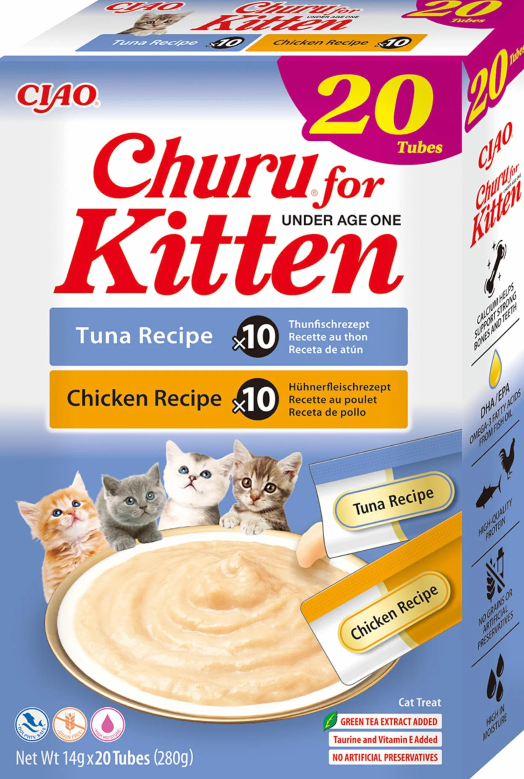 INABA Churu Kitten Snack per Gattini Sotto 12 Mesi - Gusti Tonno e Pollo, 20 Stick x 14g - Cibo per Gatti Piccoli con Omega 3 e 6, Taurina e Vitamina E