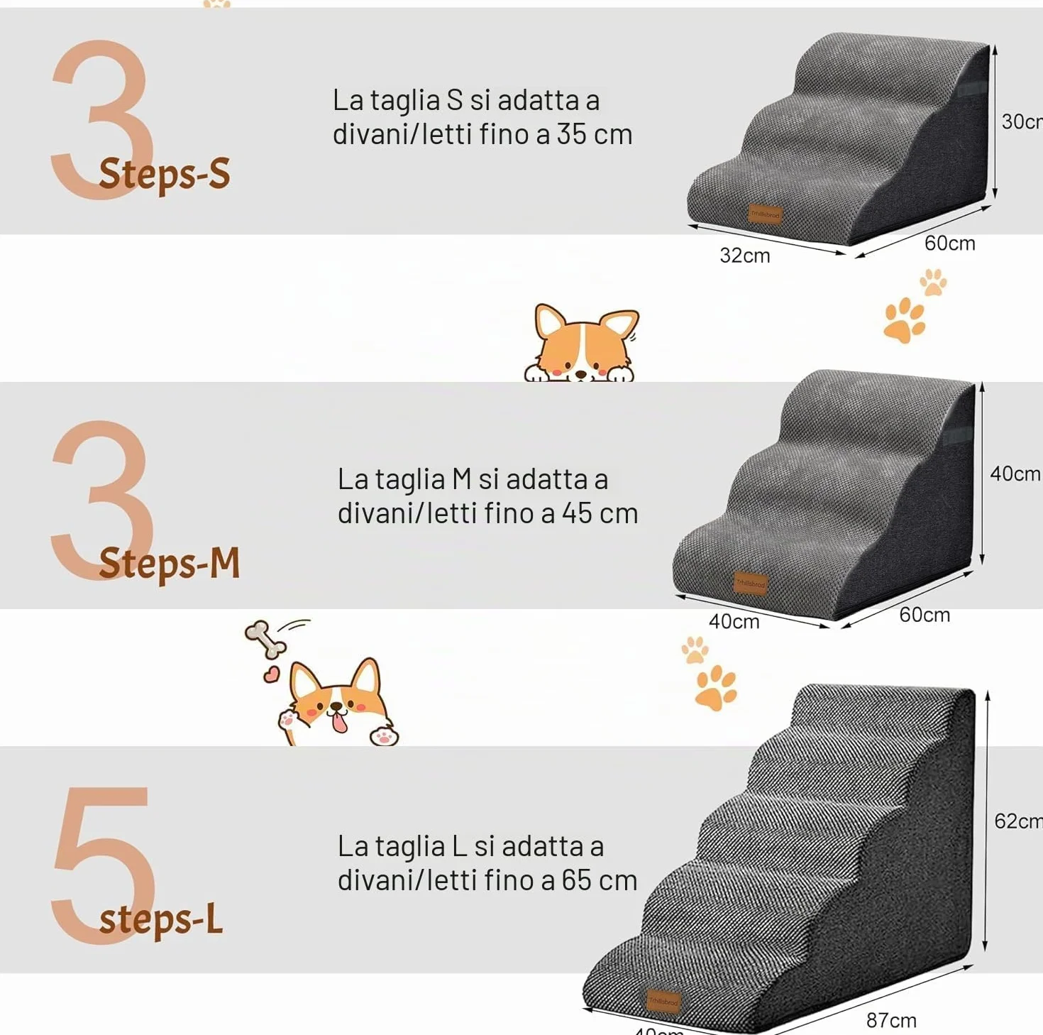 Scala larga per cani di piccola taglia, 3 gradini, in schiuma ad alta densità, rivestimento lavabile e fondo antiscivolo, 32 x 60 x 30 cm