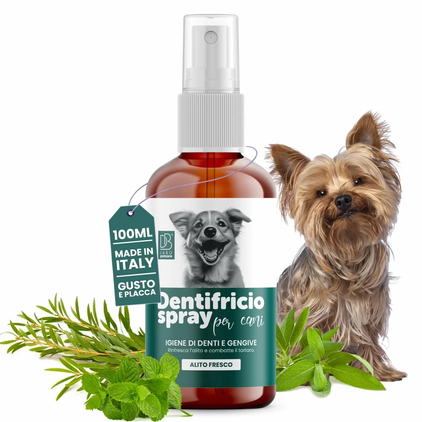Dentifricio Spray per Cani Antialitosi 100ml Salvia Menta Tea Tree Made in Italy