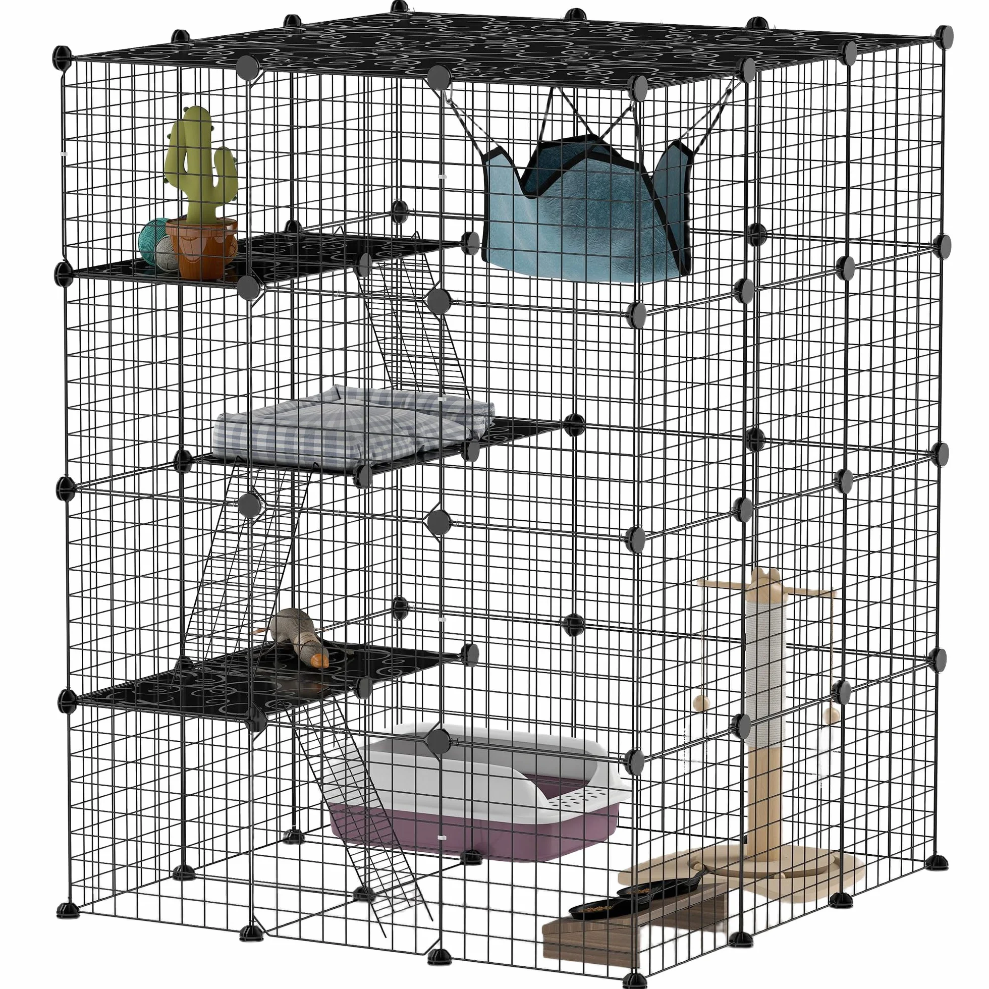 PawHut Gabbia per Gatti Modulabile a 4 Livelli con Rampe, 3 Piattaforme di Salto e 5 Porte, Casetta per Gatti con Tappetini Antiscivolo e Amaca in Acciaio e PP, per 1-3 Gatto, 105x105x140 cm, Nero