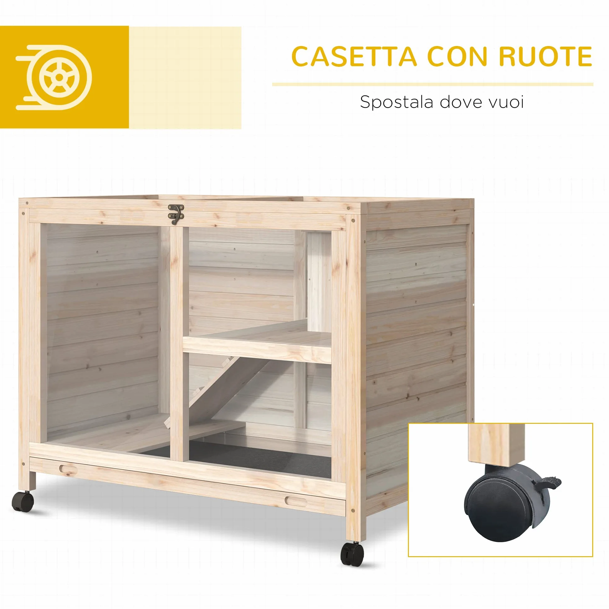 PawHut Conigliera in Legno a 2 Livelli con Casetta per Conigli e Porcellini d'India, Gabbia per Conigli con Rampa e Vassoio Estraibile, 91.5x53.3x73cm, Color Legno