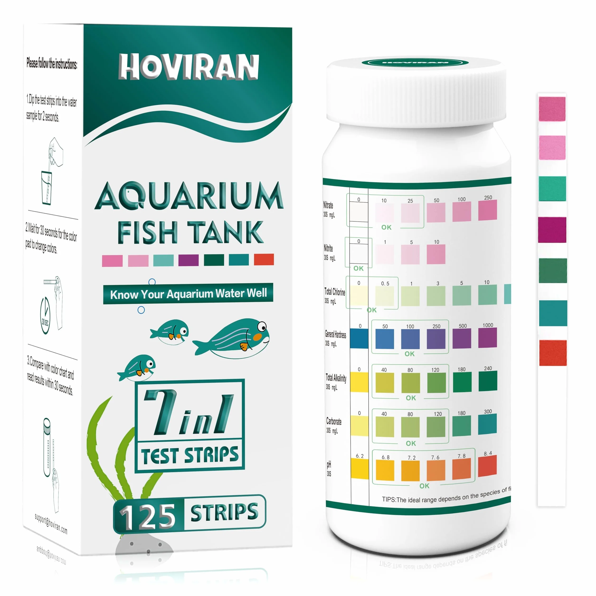Strisce reattive per acquari 7 in 1, 125 strisce reattive per acquari per acqua dolce e salata, kit per test dell'acqua per acquari