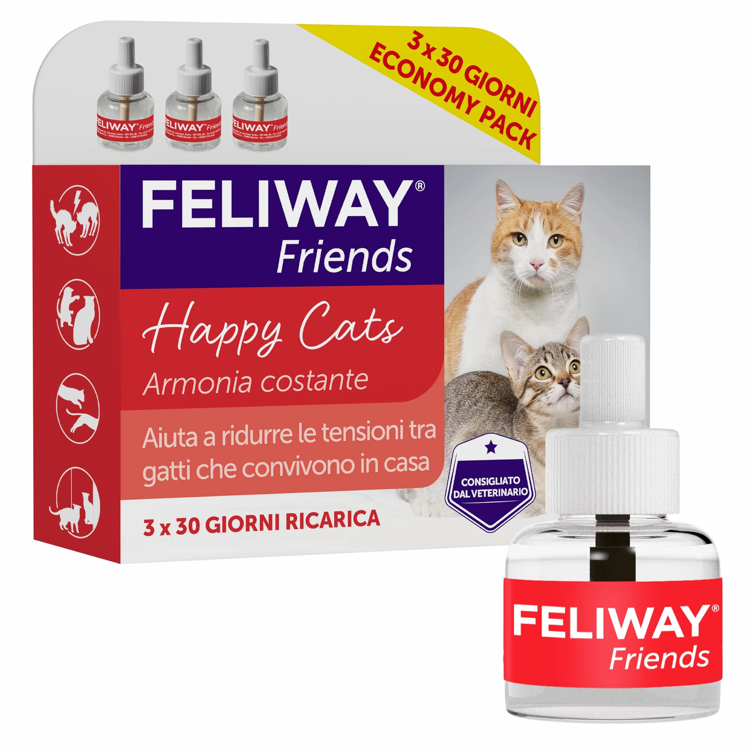 FELIWAY Friends 3x30 Giorni Ricariche Calmanti per Gatti per Diffusore di Feromoni, 48 ml – Aiuta a creare armonia e a ridurre i conflitti nelle case con più gatti. Raccomandato dai veterinari