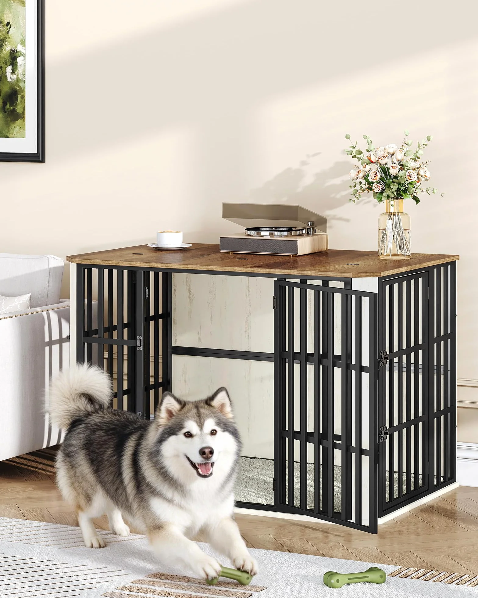 Hzuaneri 120 cm Gabbia per Cani, Cuccia Moderna per Cani Interno, Casetta per Animali, 3 porte, 75 x 120 x 81 cm, XXL, Bianco e Marrone DFC86814B