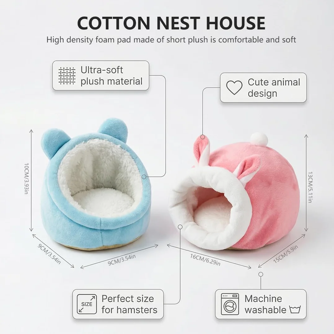Set di 2 Letti per Animali Domestici per Porcellini d'India, Cincillà, Ricci – Confortevoli, Stampati con Cartoni, per Dormire, Inverno, Interno (Rosa e Blu)