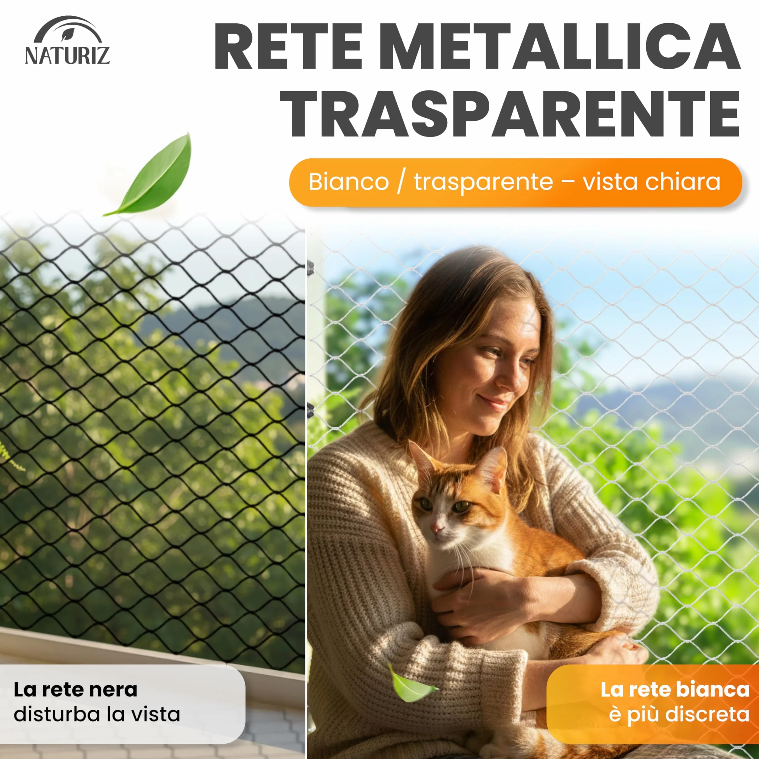 Naturiz Rete per gatti per balcone senza foratura, 3 x 4 m, rinforzata con filo trasparente/bianco, griglia per gatti con gancio adesivo – Rete di protezione per gatti per balcone e finestre, rete da