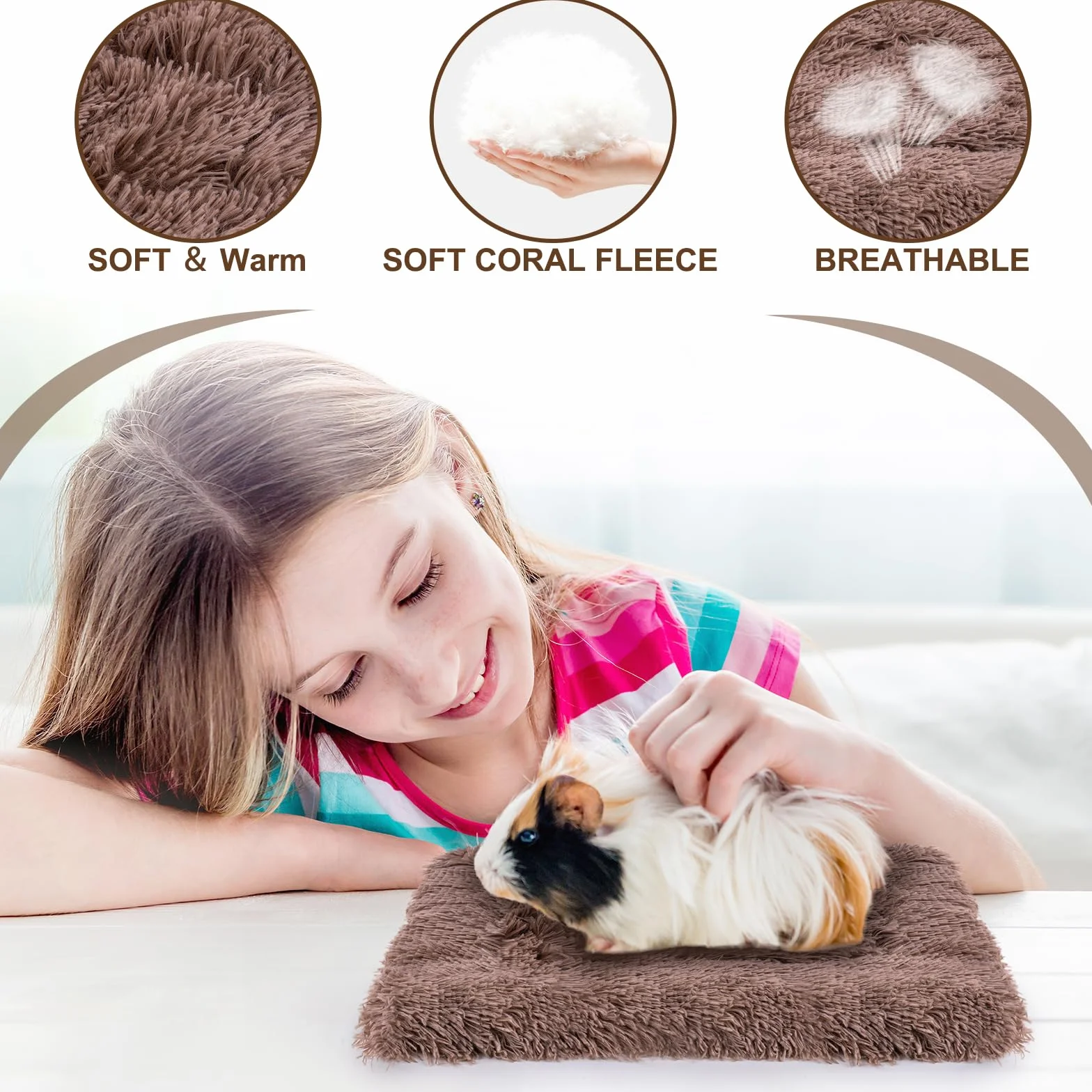MICOOYO 2 tappetini per piccoli animali domestici, soffice cuccia in pile per conigli, porcellini d'India, scoiattoli e criceti (grigio, marrone, 49 x 32 cm)