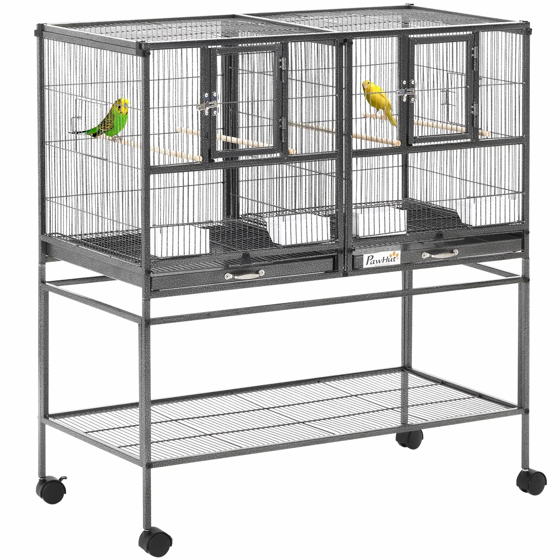 PawHut Doppia Gabbia per Uccelli in Metallo di Alta Qualità con Vassoi Estraibili, Supporto Stabile con 4 Ruote e Ripiano, 95x45.5x102cm, Nero Grigio