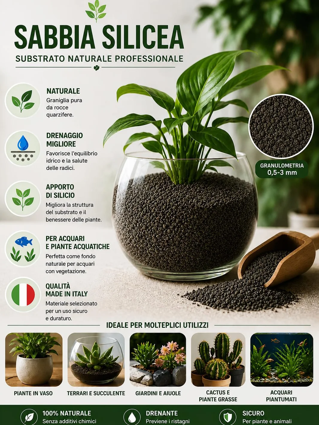 Valoak Sabbia Silicea 5 kg – Graniglia Quarzifera per Piante, Orto e Acquari | Drenaggio e Supporto Vasi | Fondo Acquario Naturale | Materiale Inerte | Made in Italy (0,5-3mm)