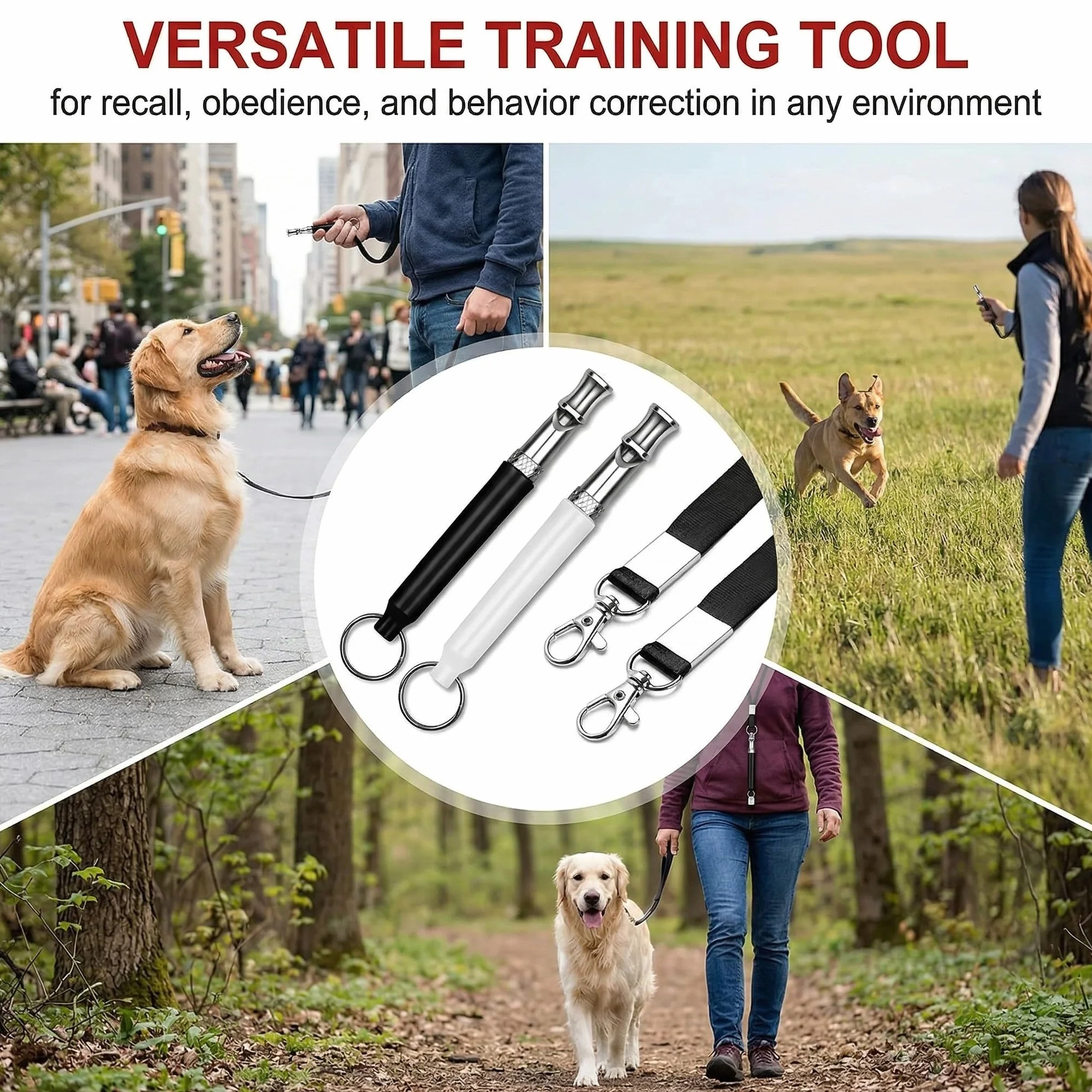 2 Fischietti per Cane (Nero & Bianco), Strumento di Addestramento Ultrasonico con Cinturino 49cm, per Richiamo e Addestramento Canino