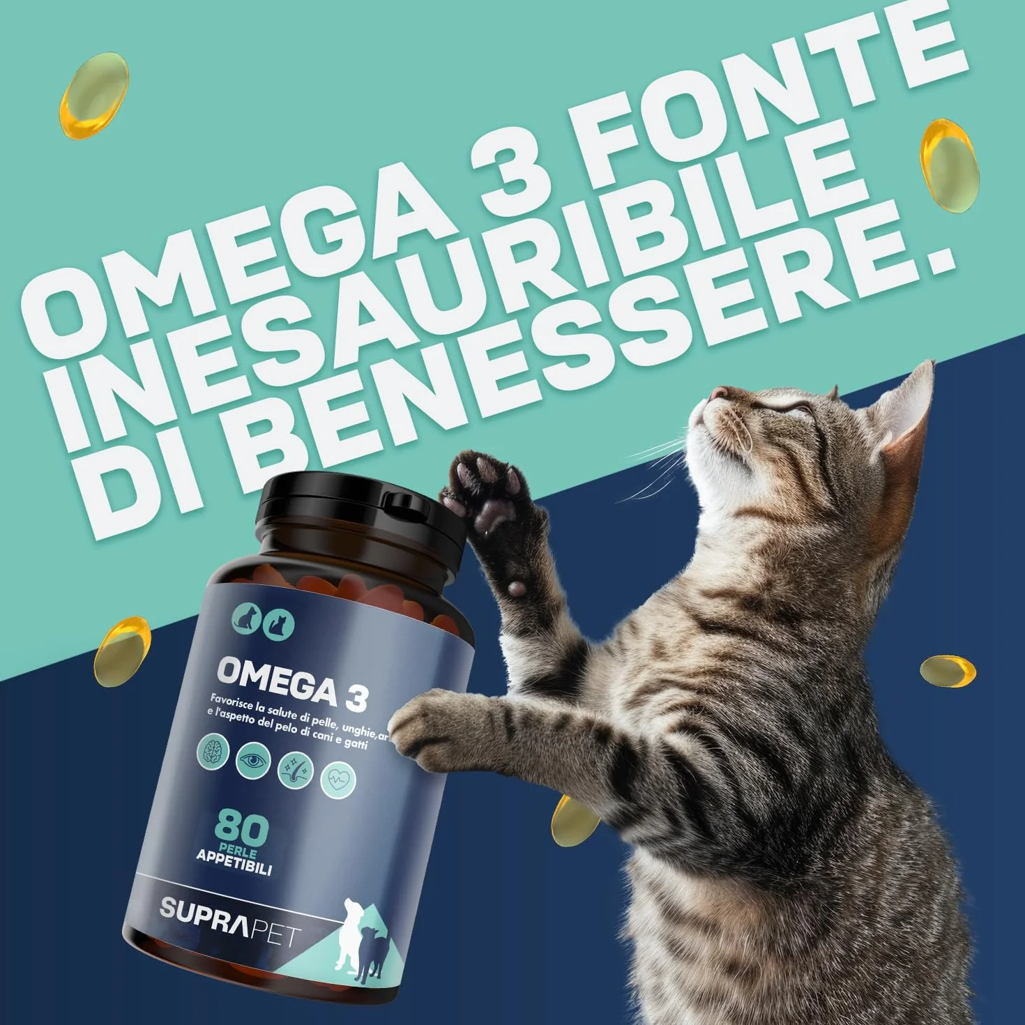 Suprapet Omega 3 per Cani e Gatti Olio di Pesce, EPA, DHA e Vitamina E 80 Perle. Mangime Complementare Naturale per Pelo e Articolazioni (80 unità (Confezione da 1))