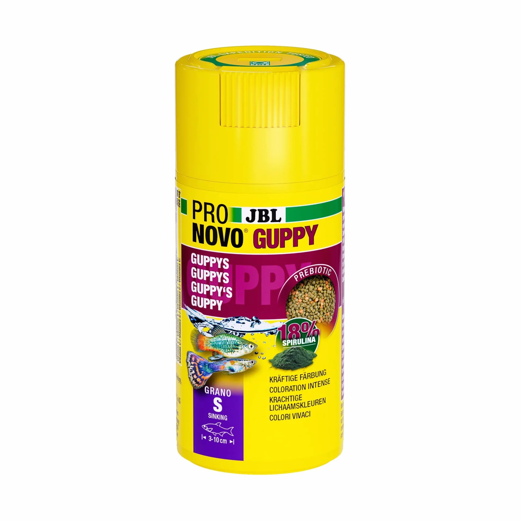 JBL PRONOVO GUPPY GRANO, mangime base per guppy e altri pesci ovovivipare da 3-10 cm, pellet per pesci, dosatore a clic, taglia S, 100 ml