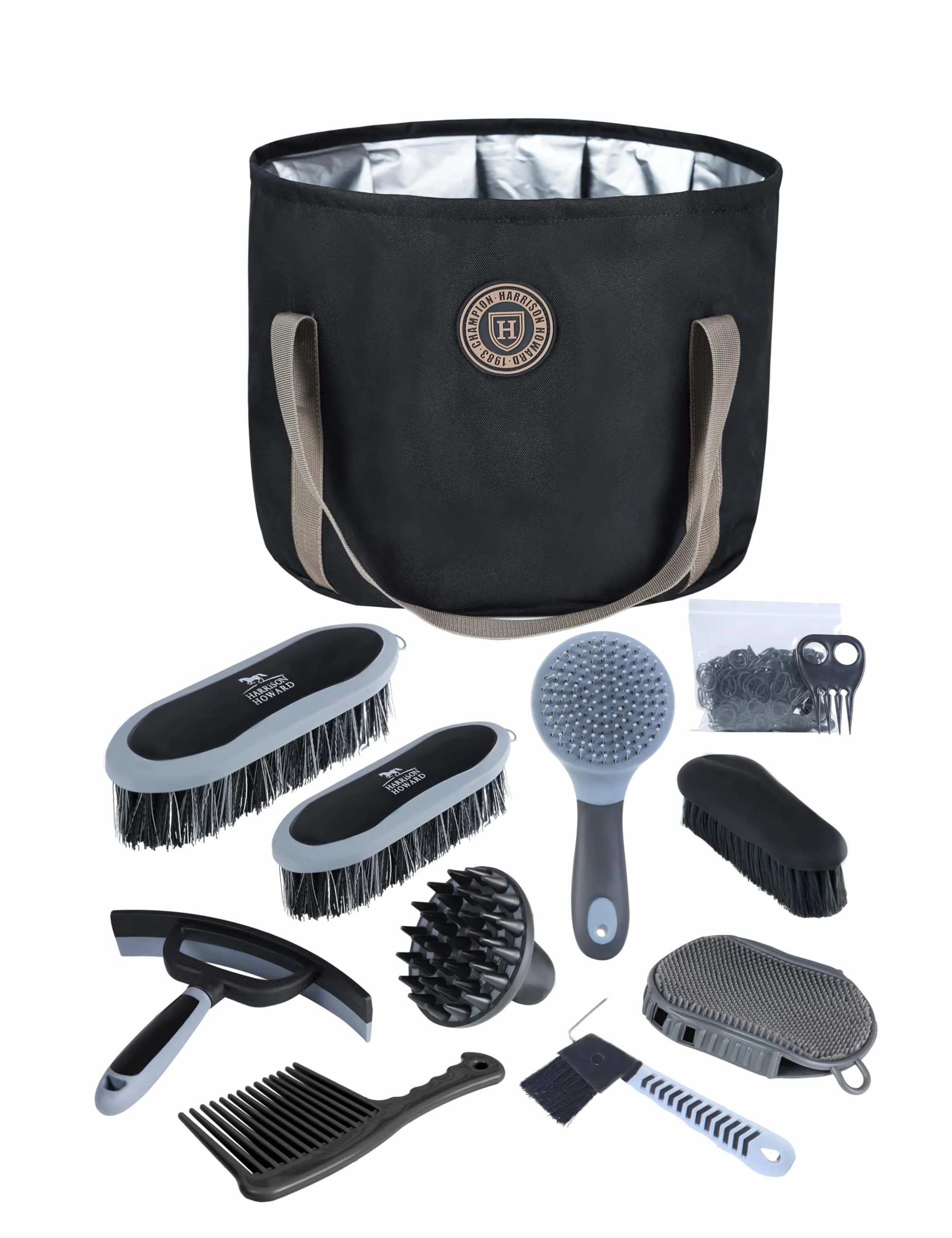 Harrison Howard Equine Care Kit per la toelettatura dei cavalli 9 pezzi set di spazzole per cavalli con borsa organizer nera