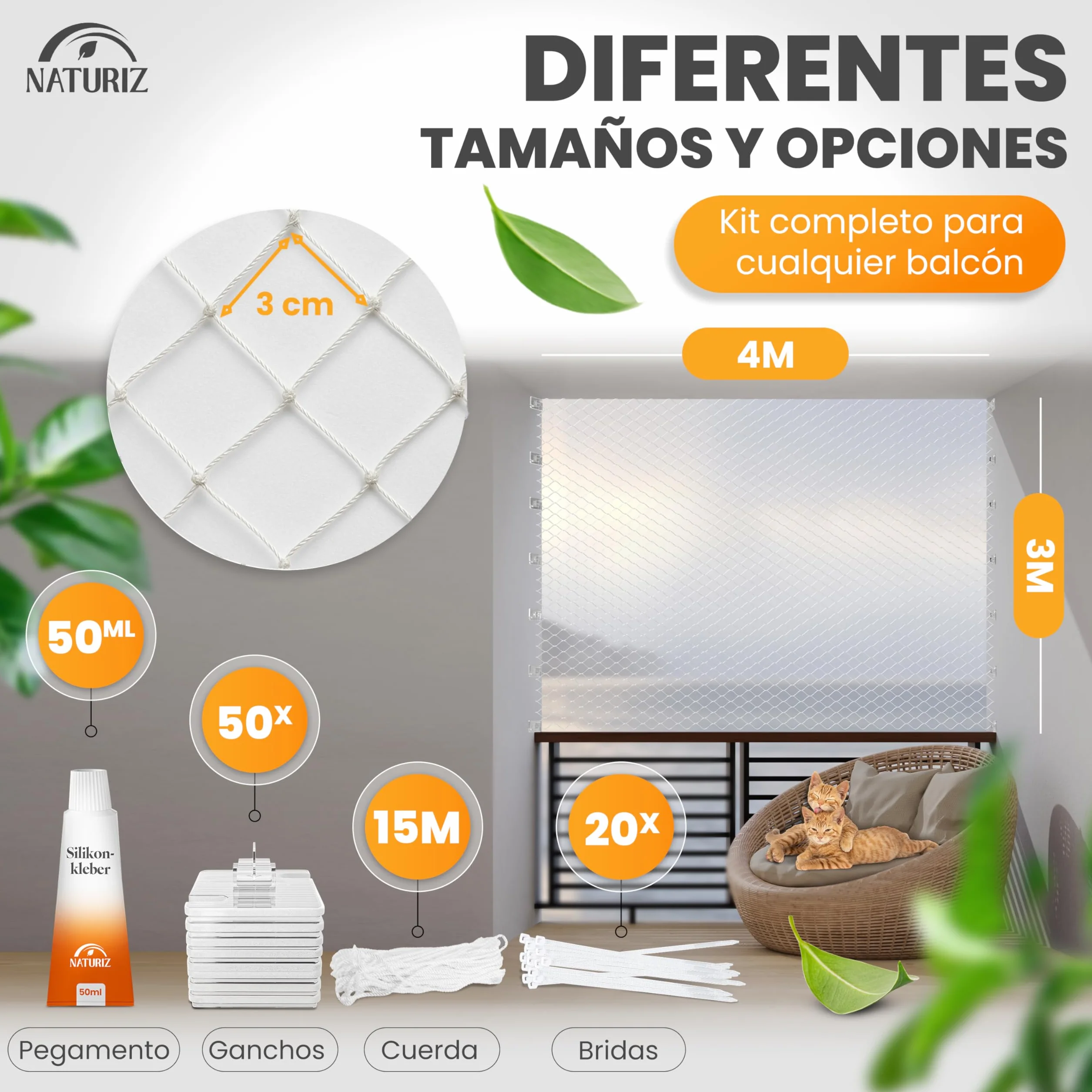 Naturiz Rete per gatti per balcone senza foratura, 3 x 4 m, rinforzata con filo trasparente/bianco, griglia per gatti con gancio adesivo – Rete di protezione per gatti per balcone e finestre, rete da