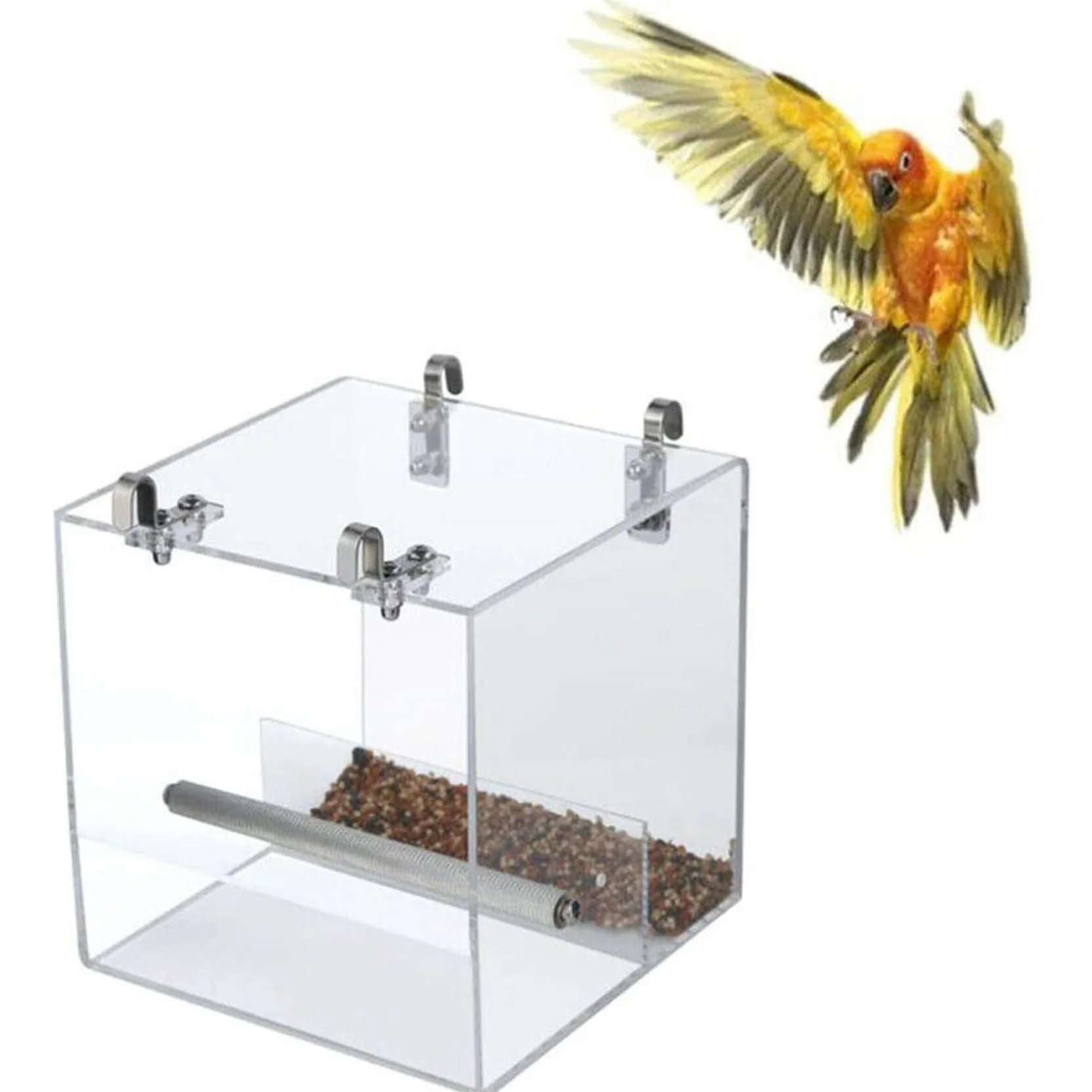 GURECOD Gabbia per uccelli, mangiatoia per uccelli in acrilico senza perdite, distributore di semi per pappagalli, pappagallo, pappagallo canarino e fringuello (13x13x11cm)