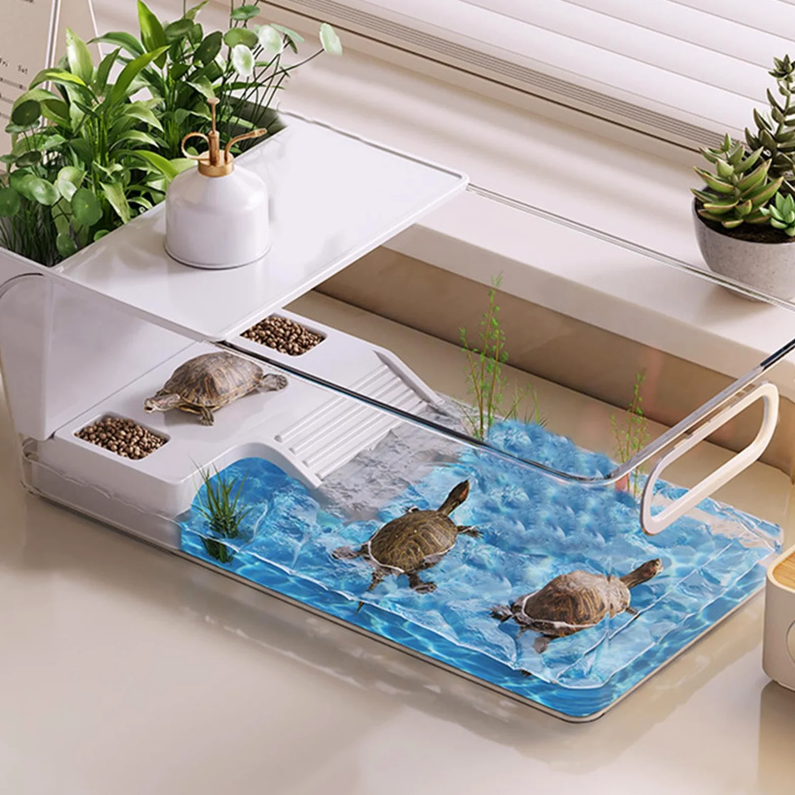 Vasca Per Tartarughe Trasparente, Zona Basking, Area Habitat, Box | Acquario Rettili Adatto A Granchi, Pesci, Anfibi, Rettili, Gamberi, Gechi, Piccoli Animali Da Compagnia