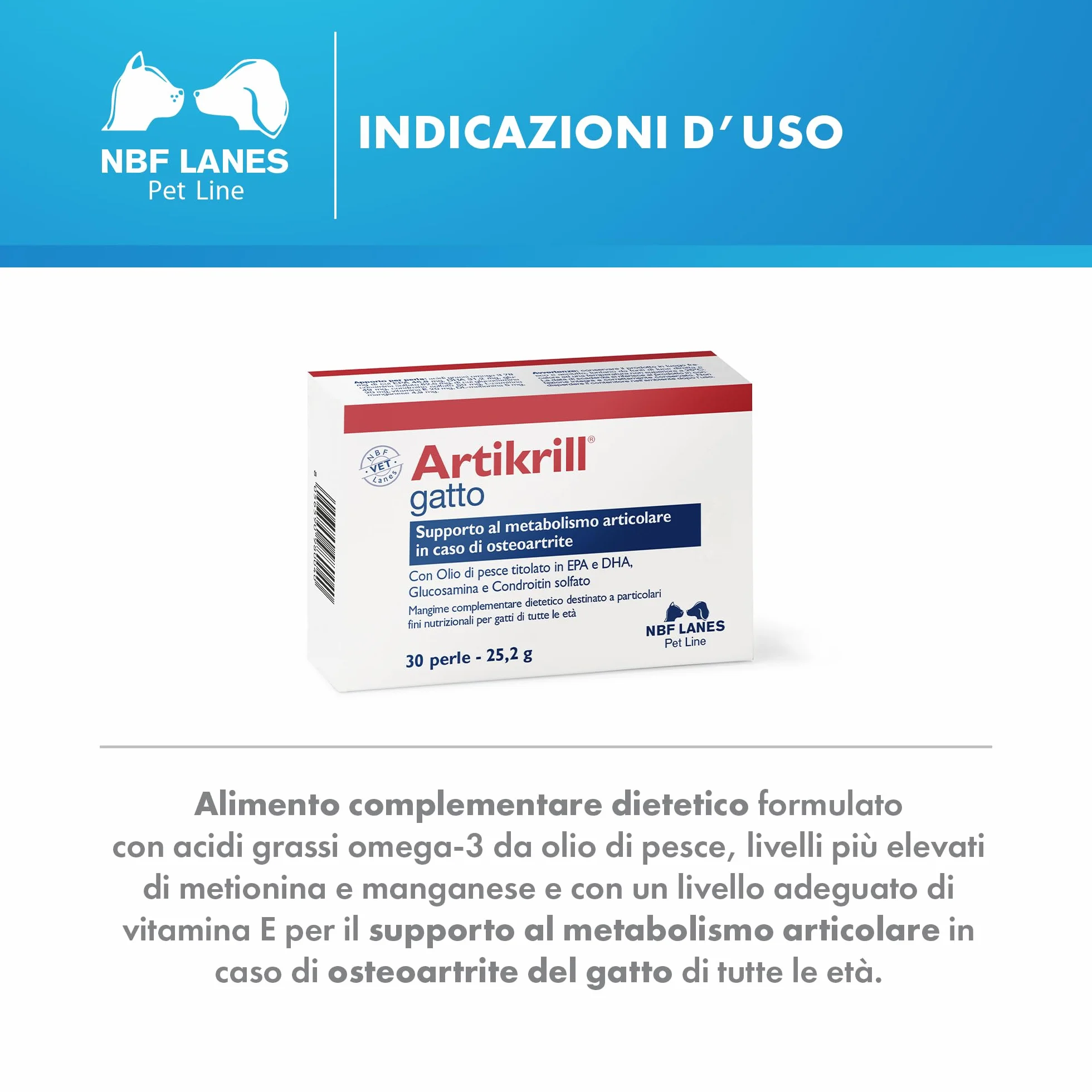 NBF Lanes | Artikrill Gatto, 30 Perle Appetibili, Supporto Metabolismo Articolare in Caso di Osteoartrite in Gatti di Tutte le Età