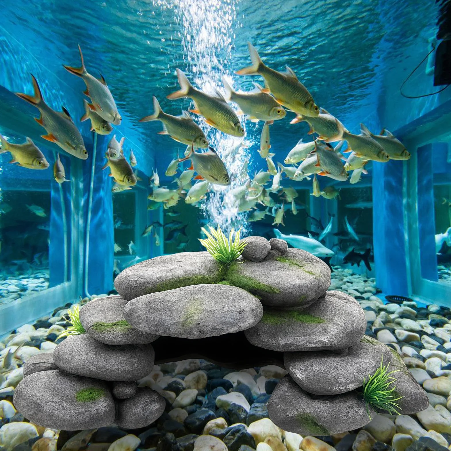 Decorazione per acquario, grotta con erba verde, decorazione per acquario, grande, decorazione per acquario, nascondiglio in resina, per tartarughe, Axolotl, gamberetti, pesci
