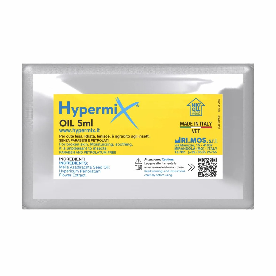 Hypermix Olio per cute lesa di animali domestici, esotici e selvatici - Gel idratante e lenitivo - Sgradito agli insetti - 1 fiala richiudibile da 5 ml