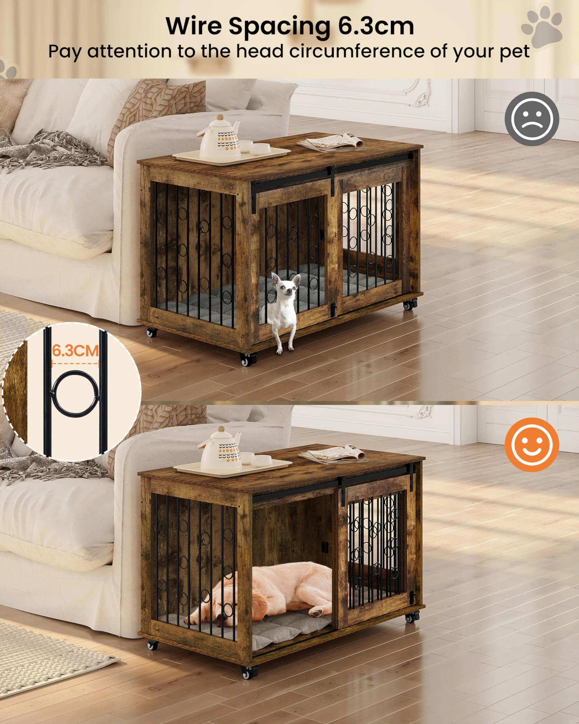 EUGAD 100cm Gabbia per Cani, Mobile Kennel per Cani da Interno, Kennel Cane in Legno con 2 Porte Ruote 360° Gabbie per Cane Medio Grande, Dog Crate Arredamento Marrone Vintage 100x56x65cm