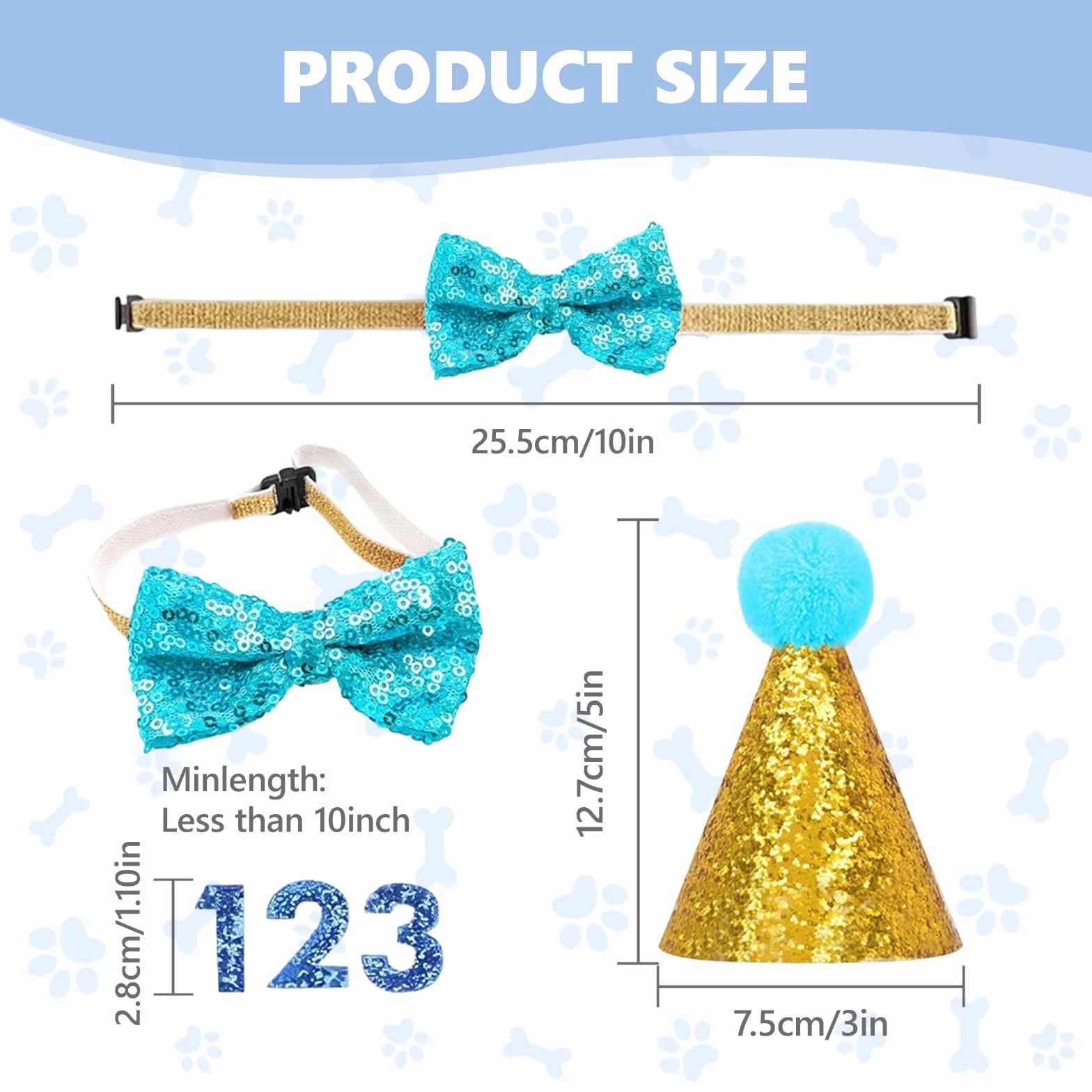 Cappello per Cani Compleanno Regolabile con Collare Papillon e Numero Blu, 3 Pezzi