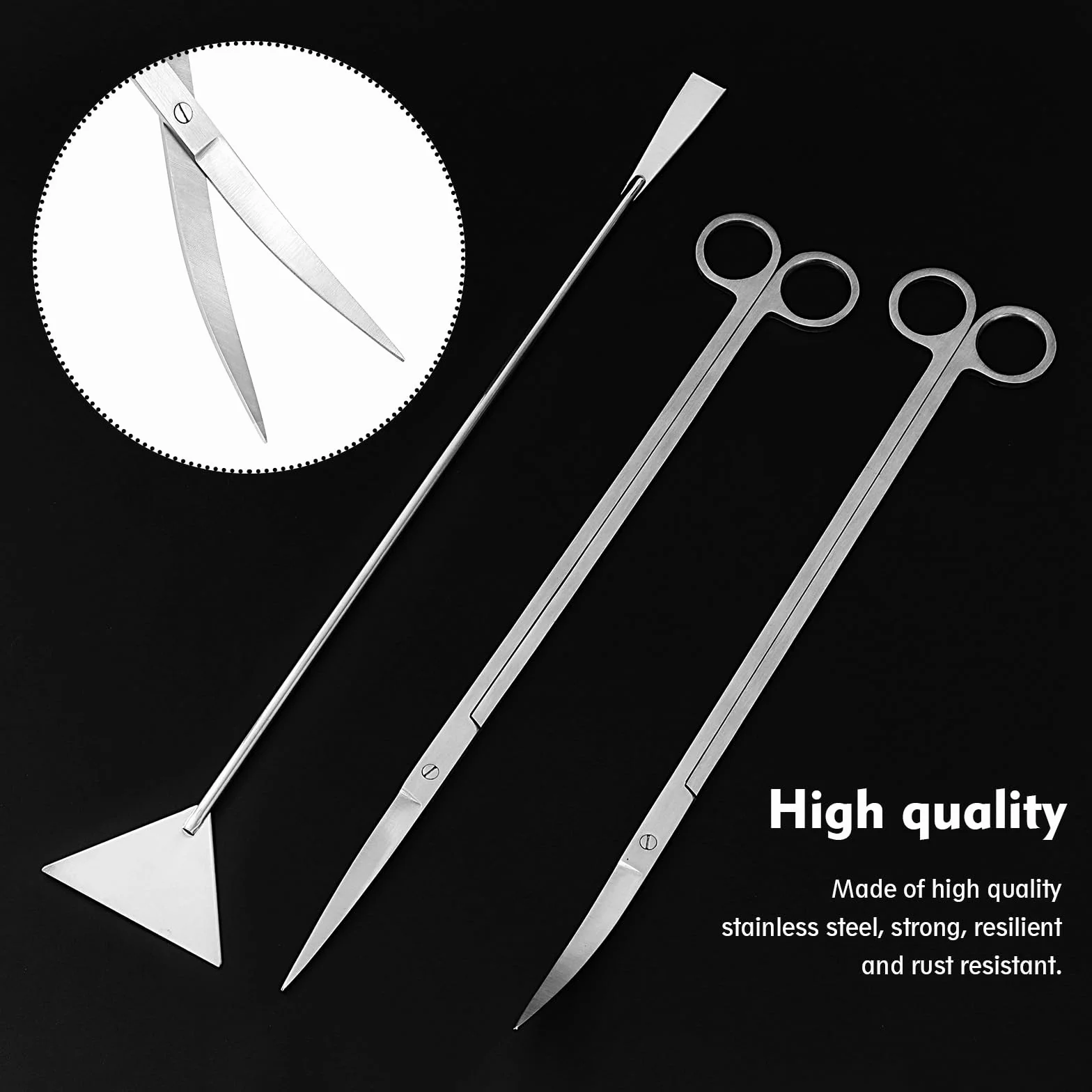 Set di Attrezzi 6 in 1 per Acquario, in Acciaio Inox, Pinzette Lunghe Dritte e Curve, Forbici Dritte, Curve e a S