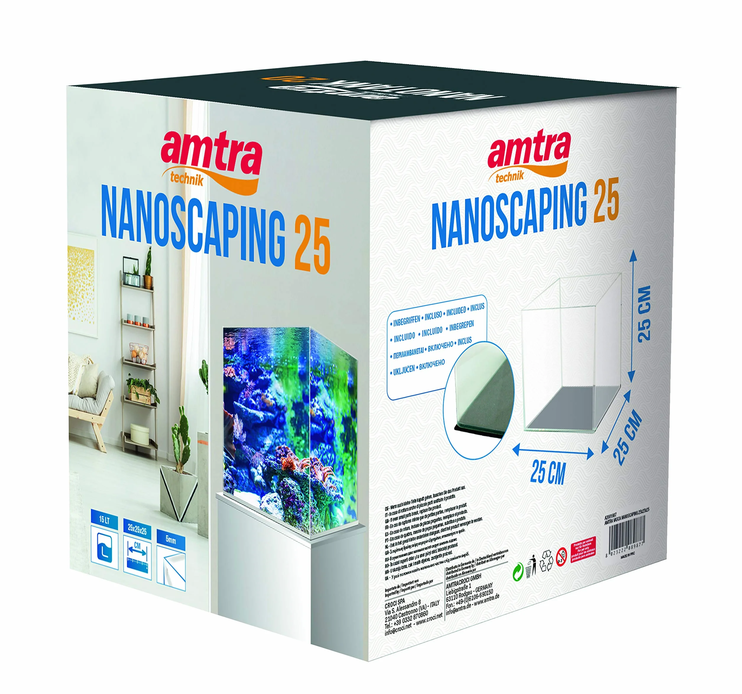 Amtra Nanoscaping - Vasca Acquario 21 Litri - Teca Vetro Extra Chiaro 36x23x26 cm - Vaschetta per Pesci Rossi o Come Tartarughiera Per Tartarughe d'Acqua con Tappetino Ammortizzante Incluso
