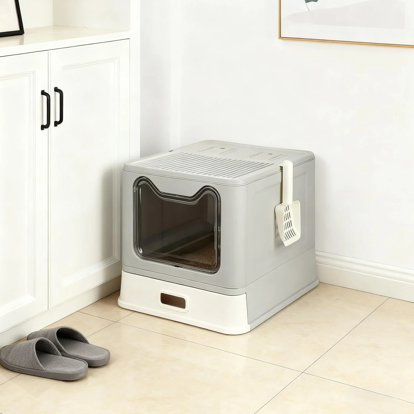 Lettiera pieghevole per gatti in acciaio inox, pala, casa del gabinetto pulizia semplice, resistente agli odori, adatto ai gatti grandi, 41 x 51 x 38 cm, acciaio inossidabile (grigio) (B)