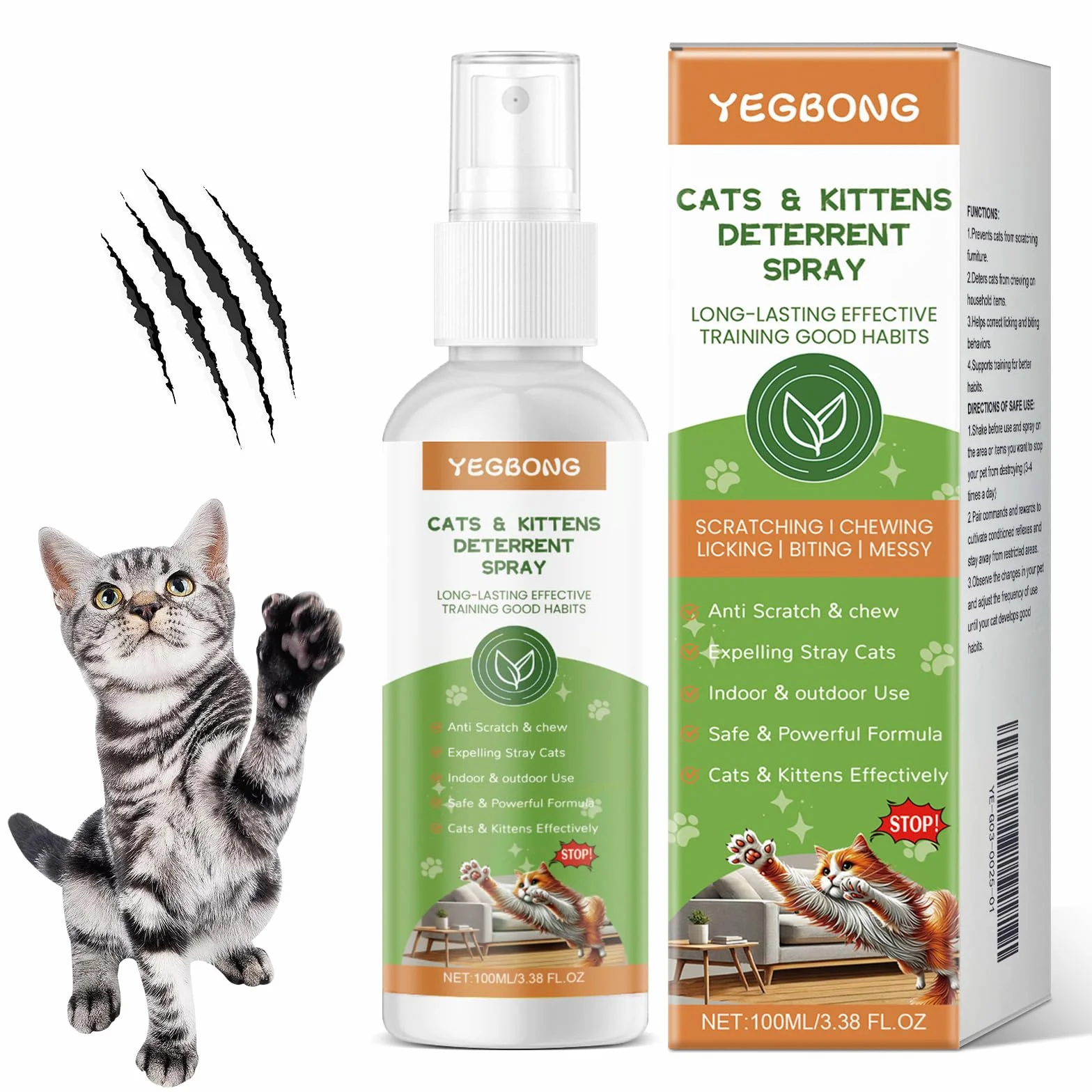 Spray Repellente per Gatti 100 ml, Deterrente Anti Graffi per Interni ed Esterni, Protegge Mobili, Divani, Tappeti e Pavimenti, Spray Educativo per Correzione Comportamento Gatti