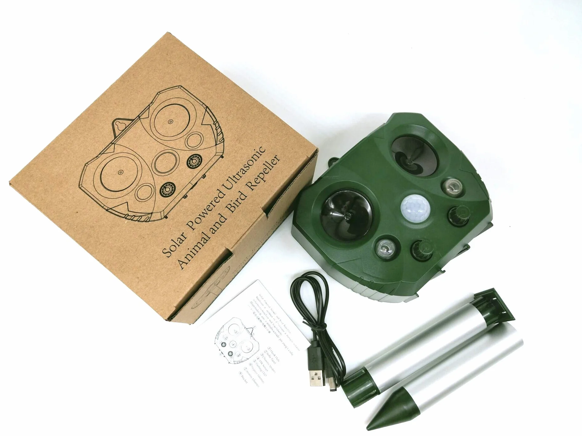 Repellente ad ultrasuoni per animali con pannello solare e batteria ricaricabile, sensore a infrarossi, flash LED, 2 pezzi
