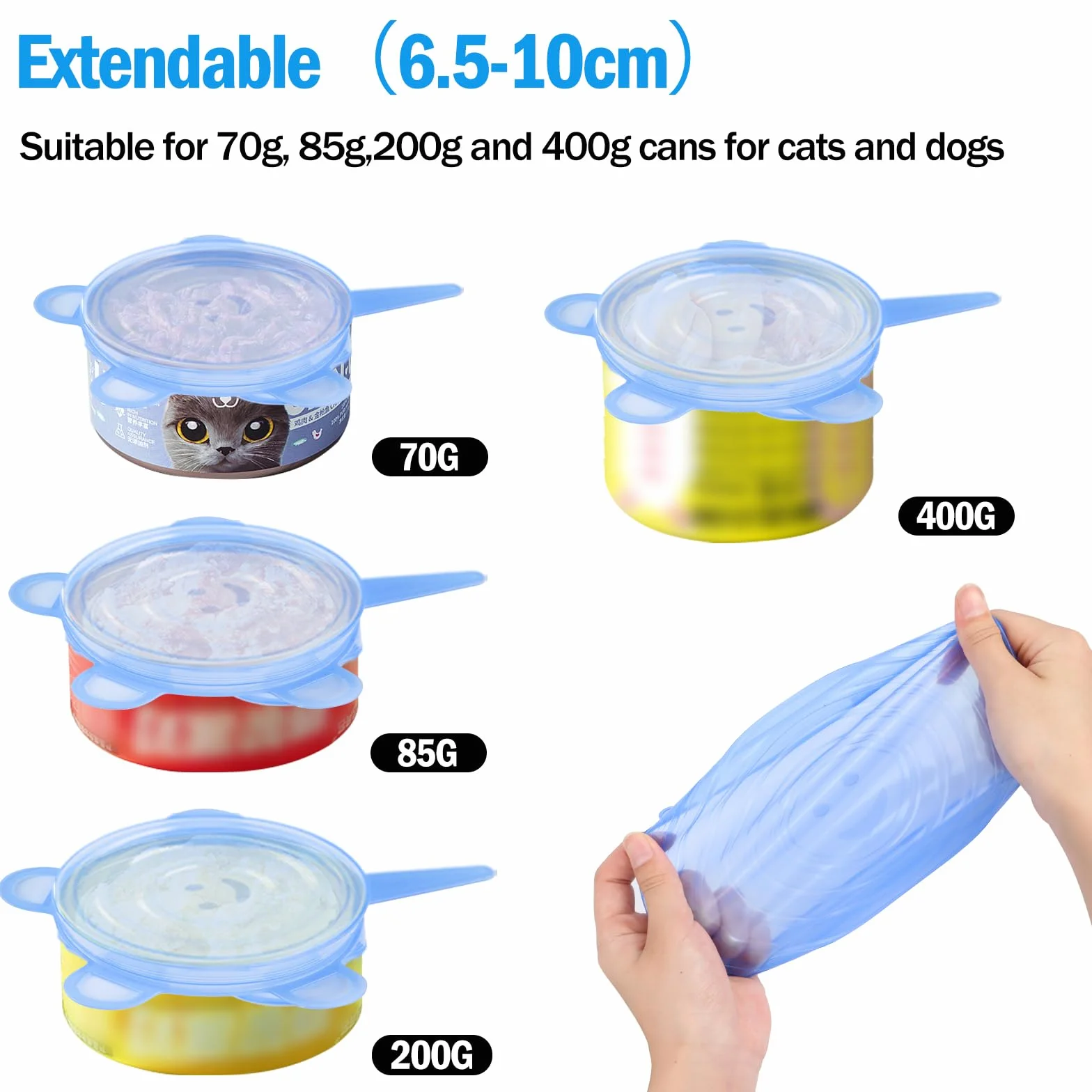 AKONE 6 coperchi per lattine di cibo per gatti, coperchi per lattine, coperchi in silicone estensibili, coperchi per lattine da 400 g/200 g/85 g per la maggior parte delle lattine per gatti