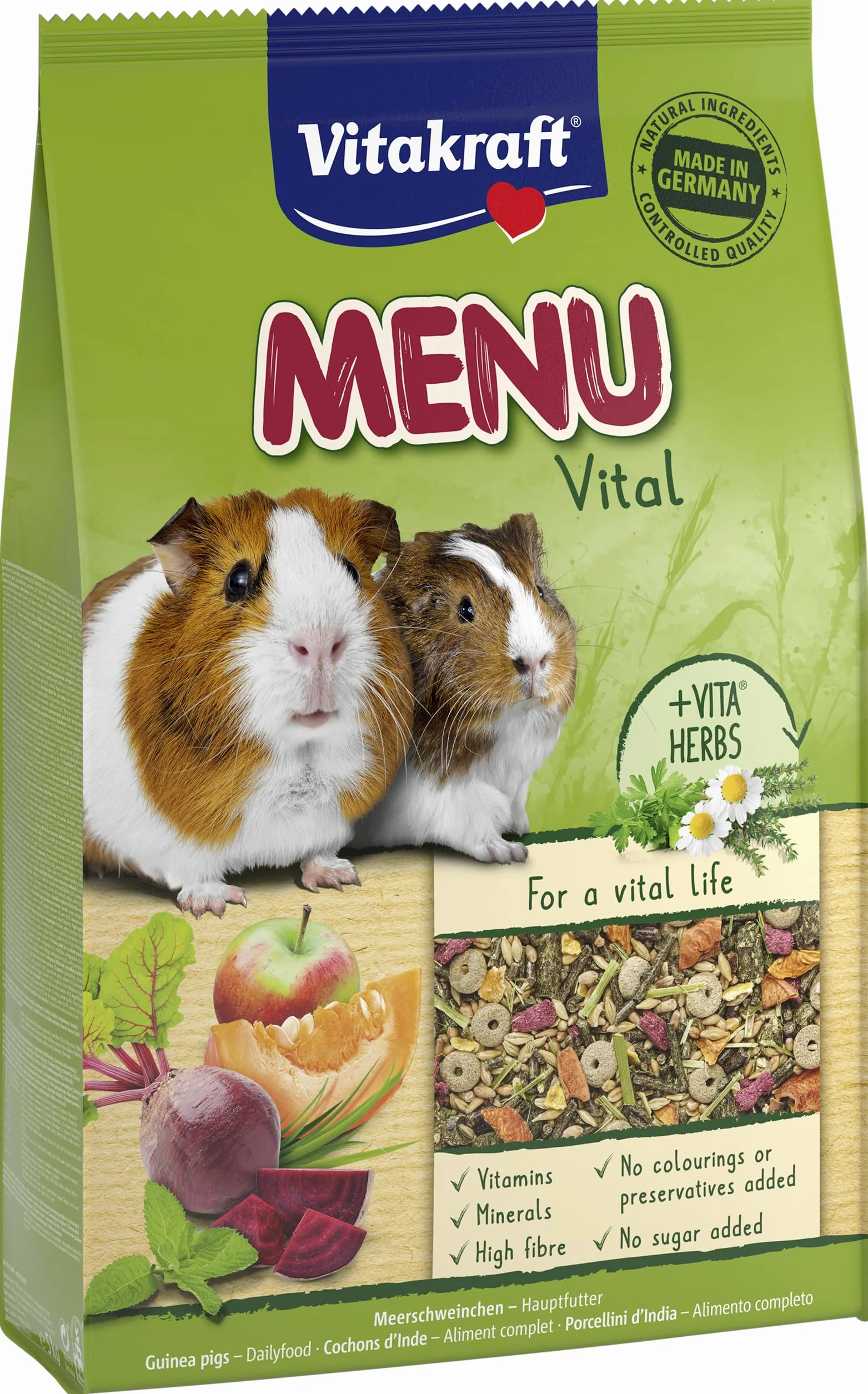 Vitakraft Menü Vital, alimento completo per porcellini d'India, con mela, con zucca, con barbabietola rossa, arricchito con erbe aromatiche, senza l'aggiunta di zuccheri e cereali (1x 5kg)