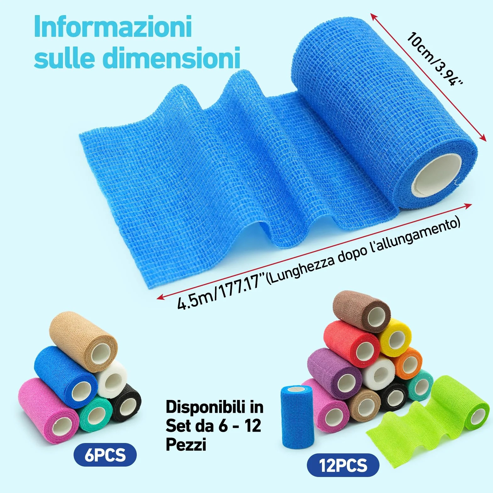 Benda Elastica Autoadesiva, Benda Elastica Coesiva 10cm x 4,5m, Traspirante e Multicolore, per Sport e Animali (12PCS)