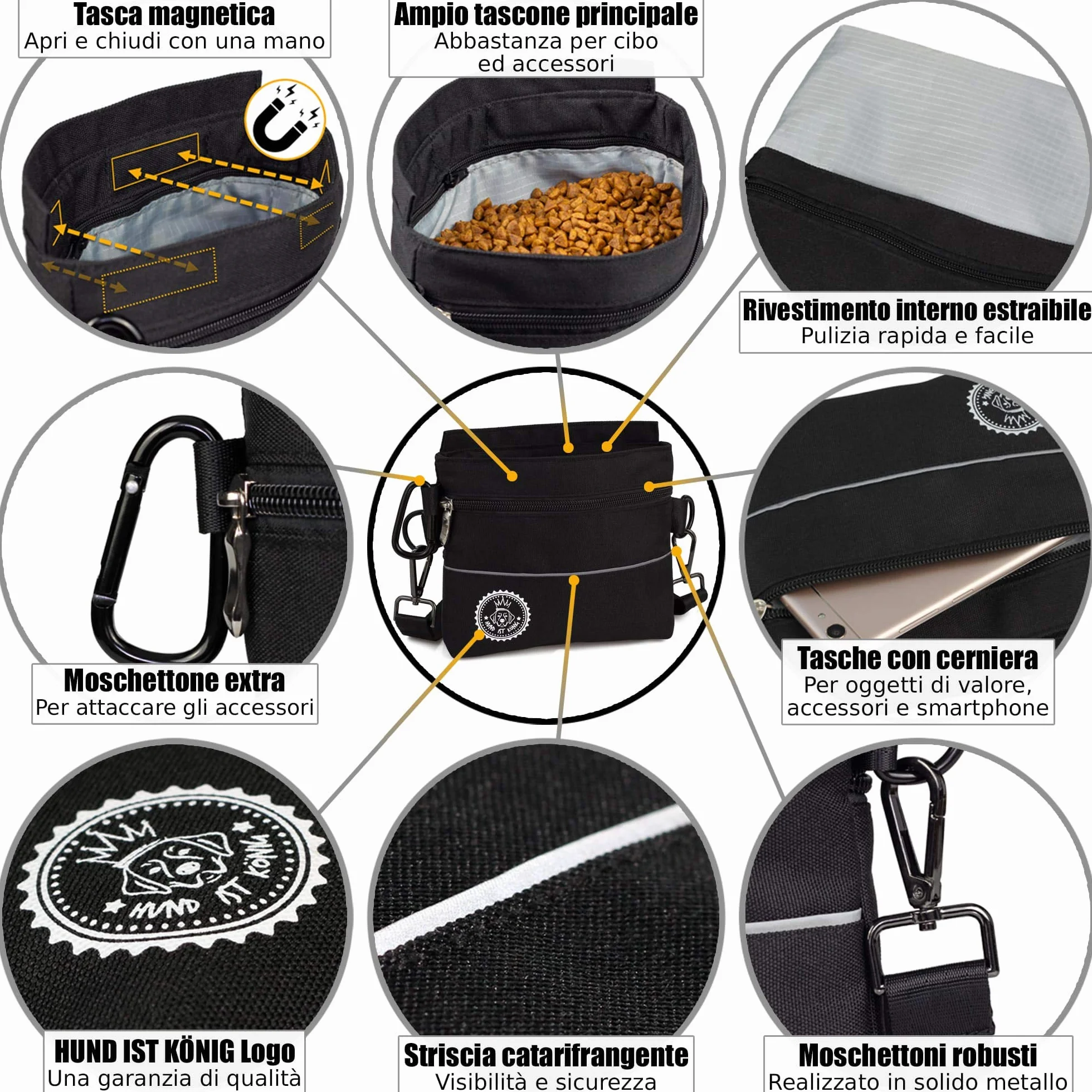 Borsa per premietti cane con tasca magnetica a una mano, 2 tasche con cerniera, tasca interna rimovibile, cinghia per spalla imbottita, moschettone gratuito, perfetto per addestramento agility canino