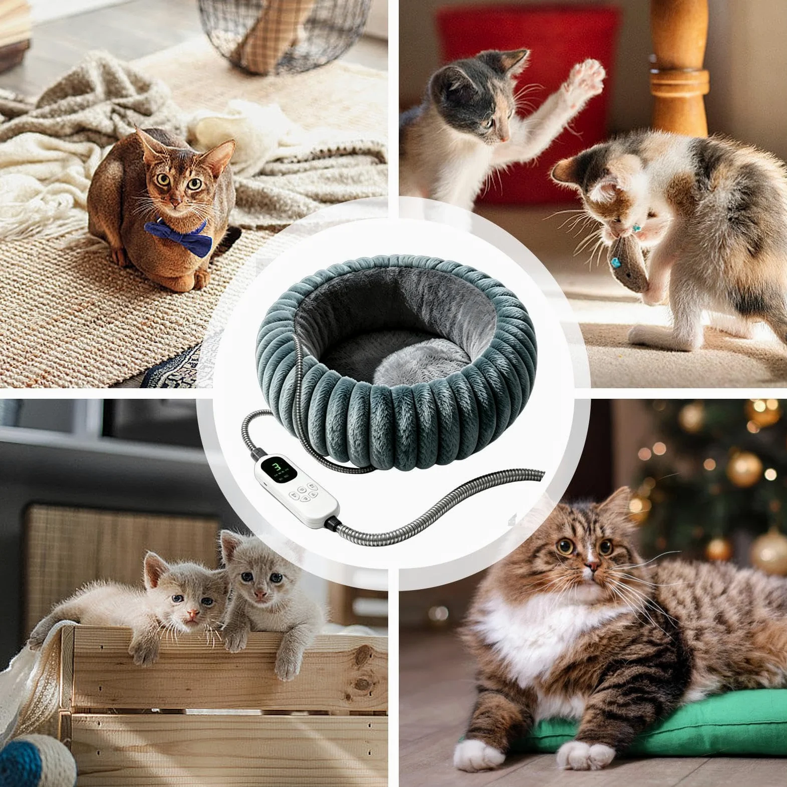 Tappetino Termico da Animali Cuscino Rotondo in Peluche con Timer e 9 | Tappetino Riscaldante Animali per Angolo Casa Interno Soggiorno Camera Ufficio