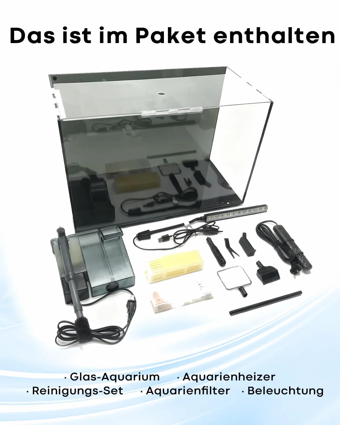 Set da scrivania per acquario, 40 l, in vetro ultra trasparente con filtro autopulente, luce chiara, riscaldamento, pietre, ghiaia, strumento di pulizia, vetro senza bordi per principianti