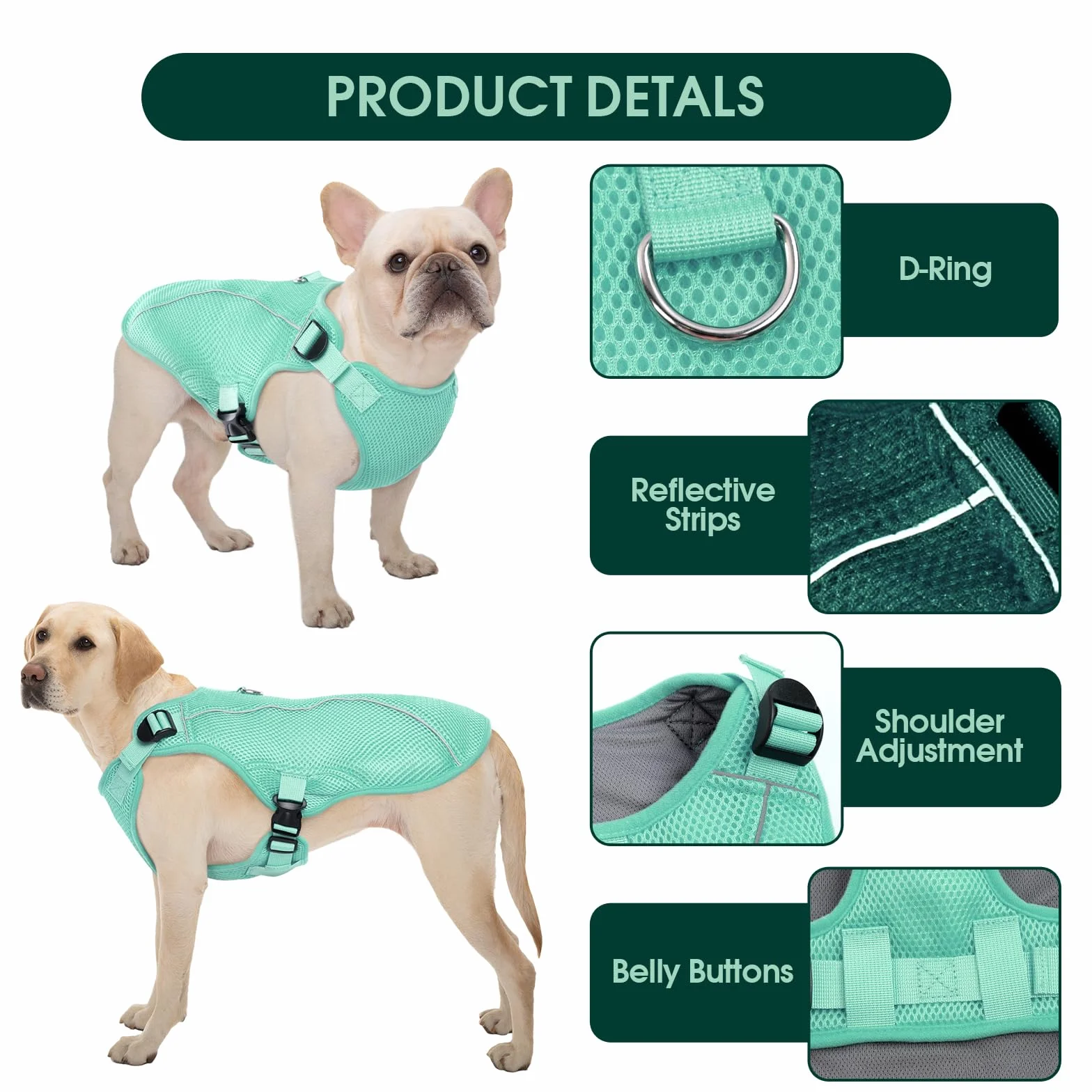 Kuoser Gilet di raffreddamento per cani, cappotto fresco traspirante per cani, imbracatura di raffreddamento riflettente per cani, verde, S