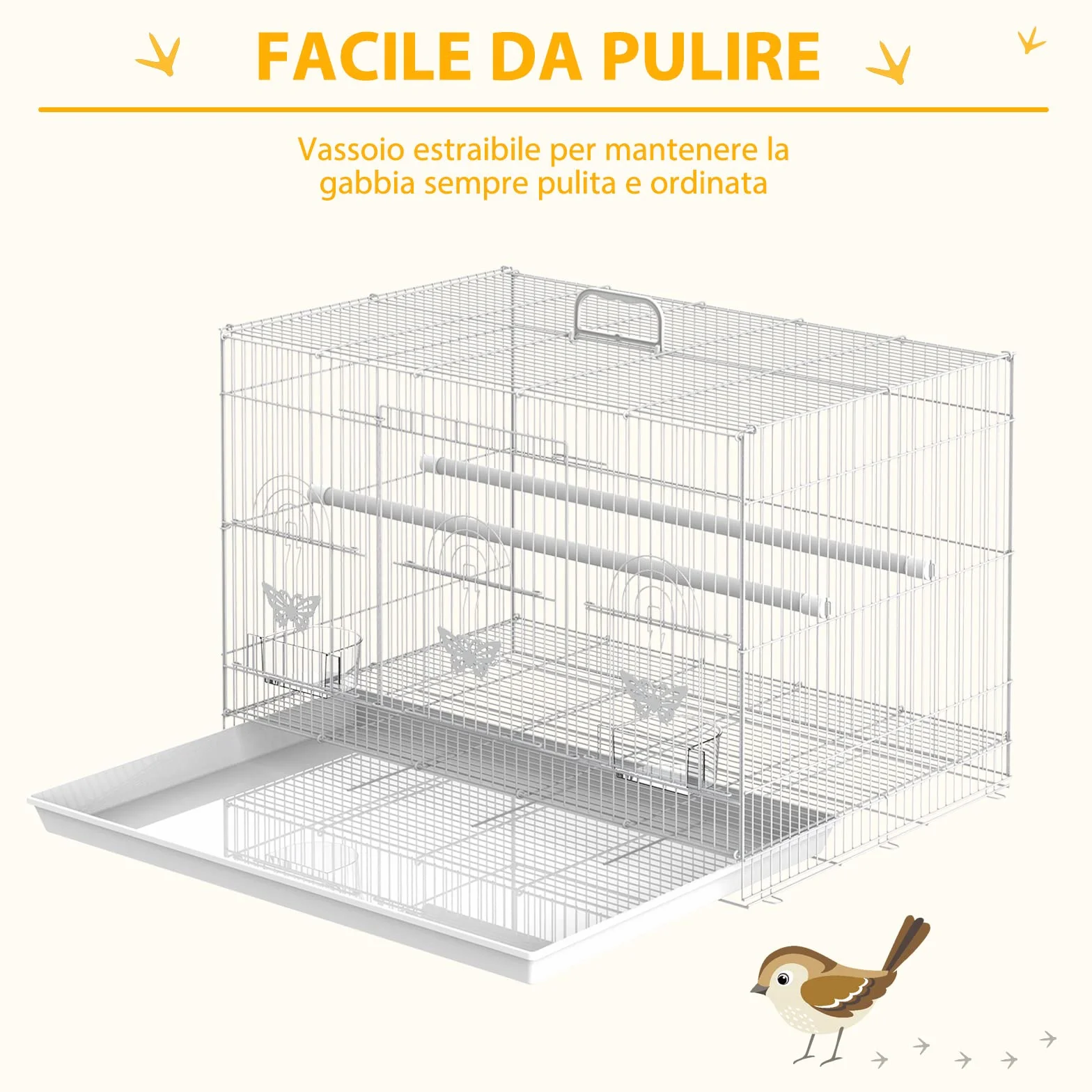 PawHut Gabbia per Uccelli in Metallo con Posatoi e Ciotole per Cibo, Voliera per Canarini e Pappagallini 60x41x41cm, Bianco