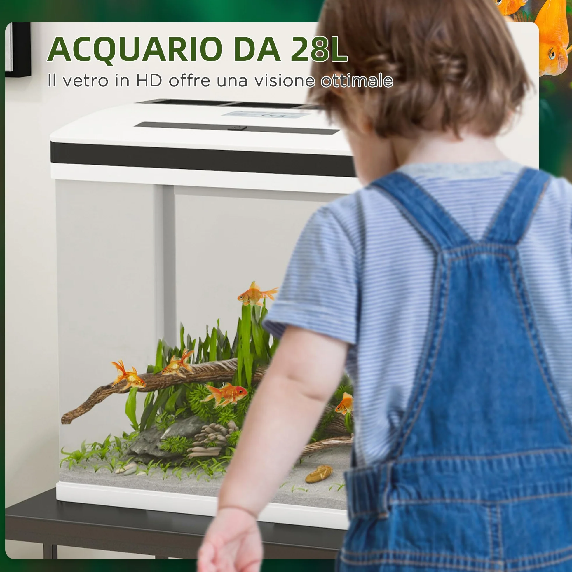 PawHut Acquario per Casa da 28L a Illuminazione LED con Fori di Ventilazione e Pompa Silenziosa, Vaschetta per Pesci in Vetro HD e ABS, 38x26x38 cm, Bianco e Trasparente