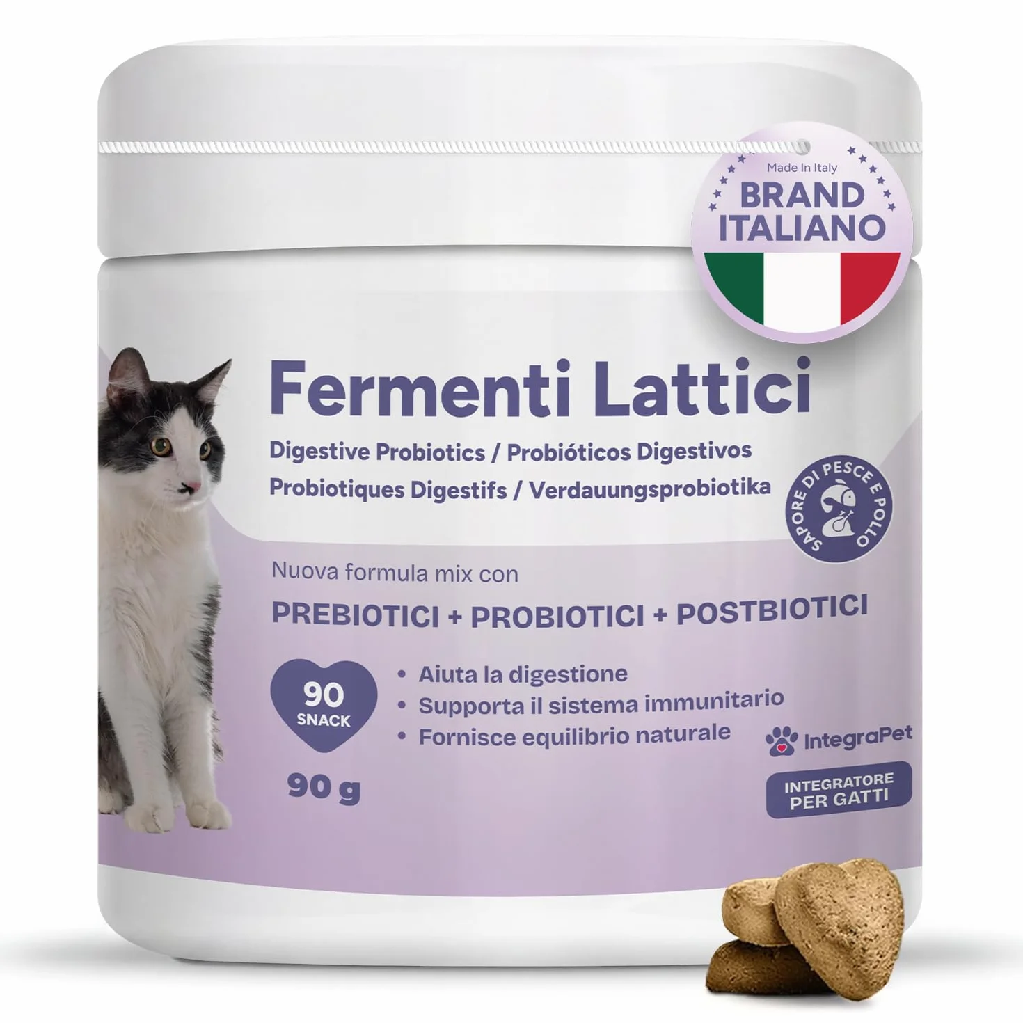 Integrapet Probiotici per Gatti con Fermenti Lattici Gatti – Probiotici Prebiotici Digestivi, 90 Snack Naturali Gusto Pollo per Regolarità Intestinale e Difese