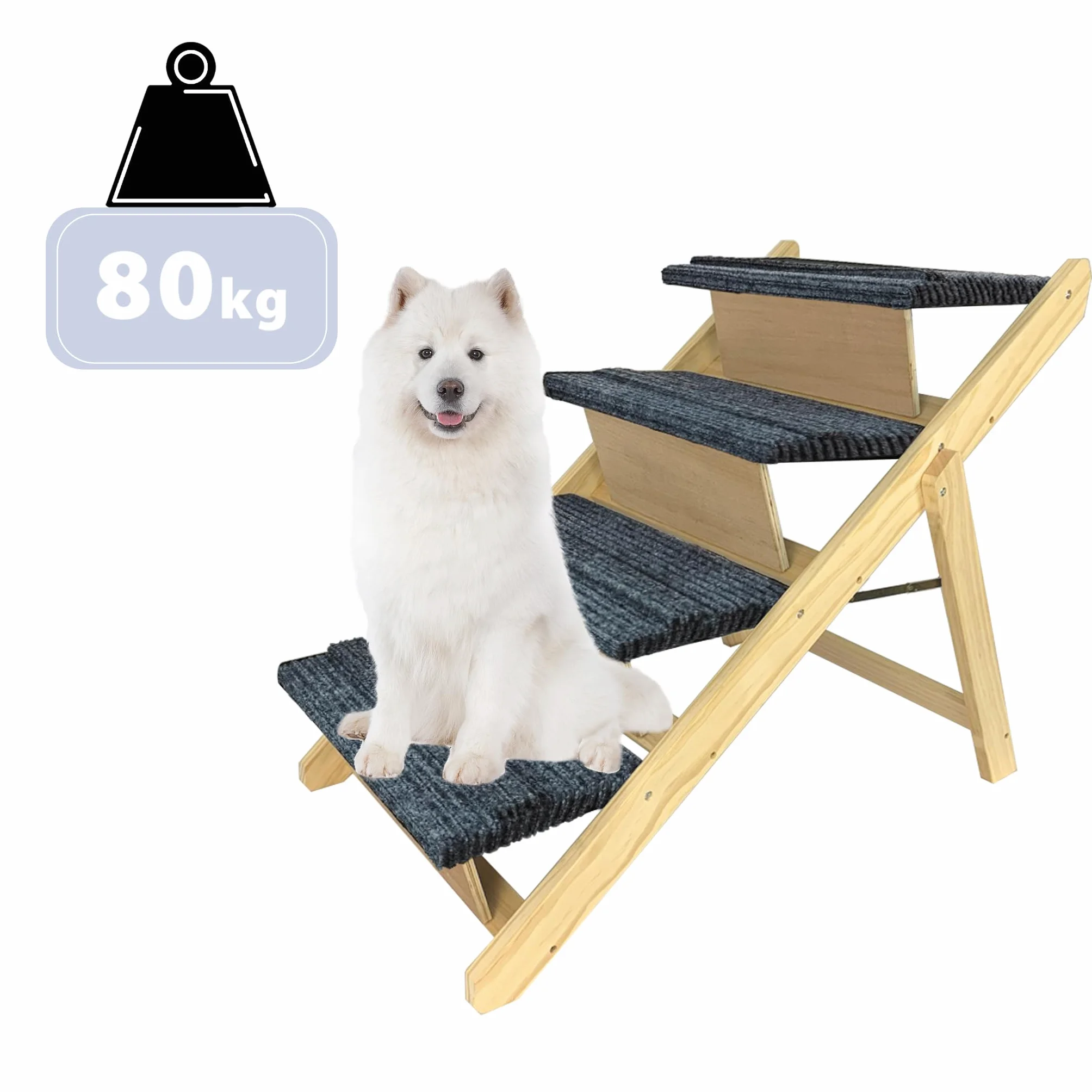 FIVMEN Scaletta per cani 2 in 1 Rampa per cani in legno pieghevole Regolabile in altezza con tappetino antiscivolo Scaletta per animali domestici per letto e divano, 100x47x63cm