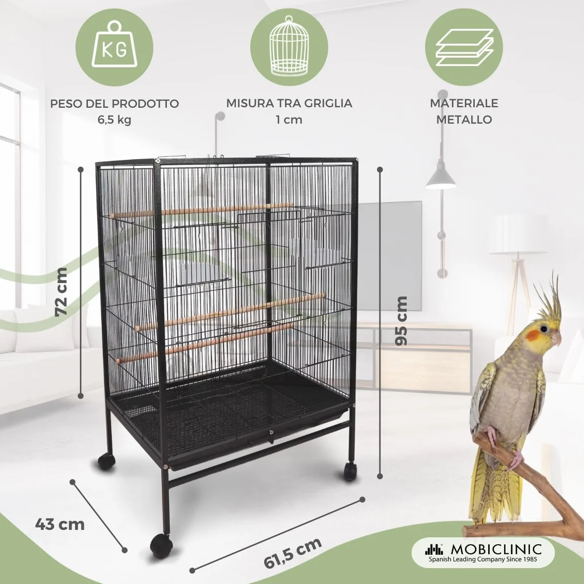 Mobiclinic®, Gabbia per Uccelli, XL, Ruote il Trasporto, Freni, Apertura superiore, Vassoio Rimovibile, 8 Porte, Grandi dimensioni, 95x43x61,5 cm, Mangiatoie, Abbeveratoi, Posatoi, Ninfa